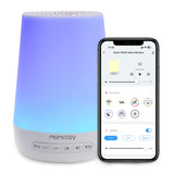 Momcozy machine à bruits pour bébé avec lumière nocturne bleu — ambiance rassurante au coucher.