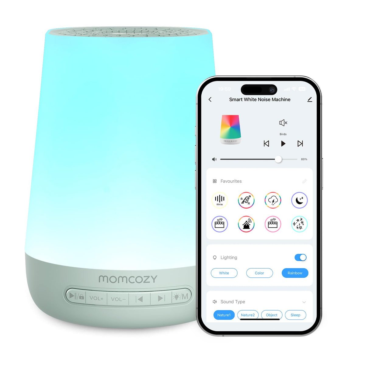 Momcozy machine bruit blanc pour bébé avec veilleuse verte, crée un cadre calme.