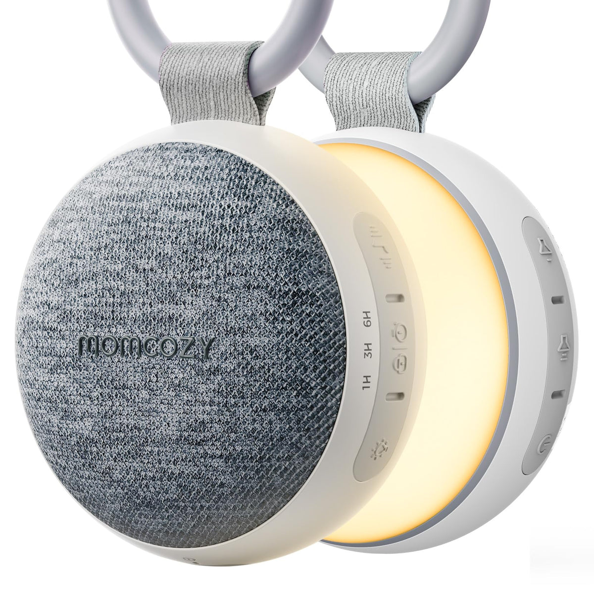 Momcozy boîte sonore portable avec veilleuse ambre, idéale sur poussette pour des siestes calmes.