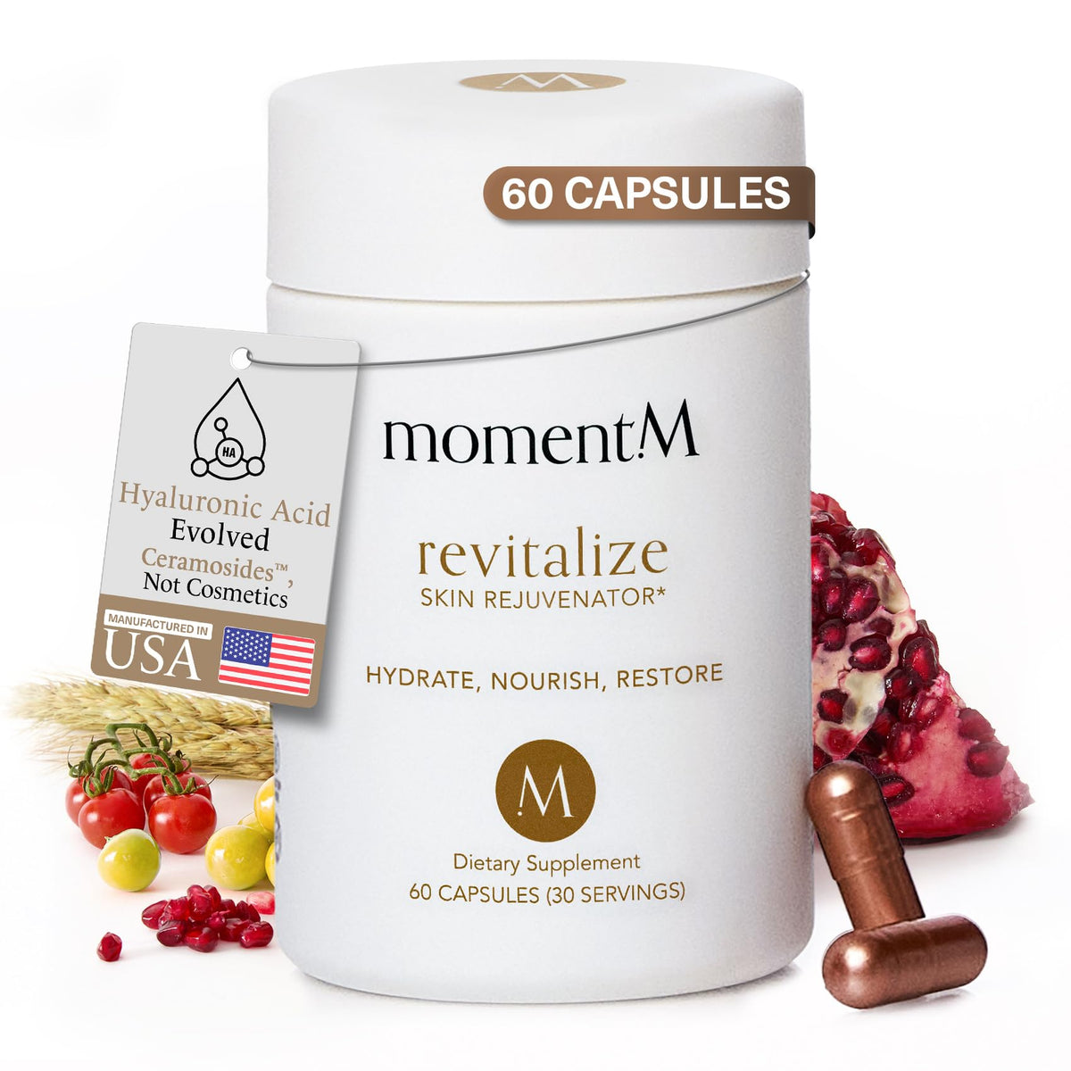 MomentM Revitalize : bouteille sur bureau, hydratation durable pour la peau.