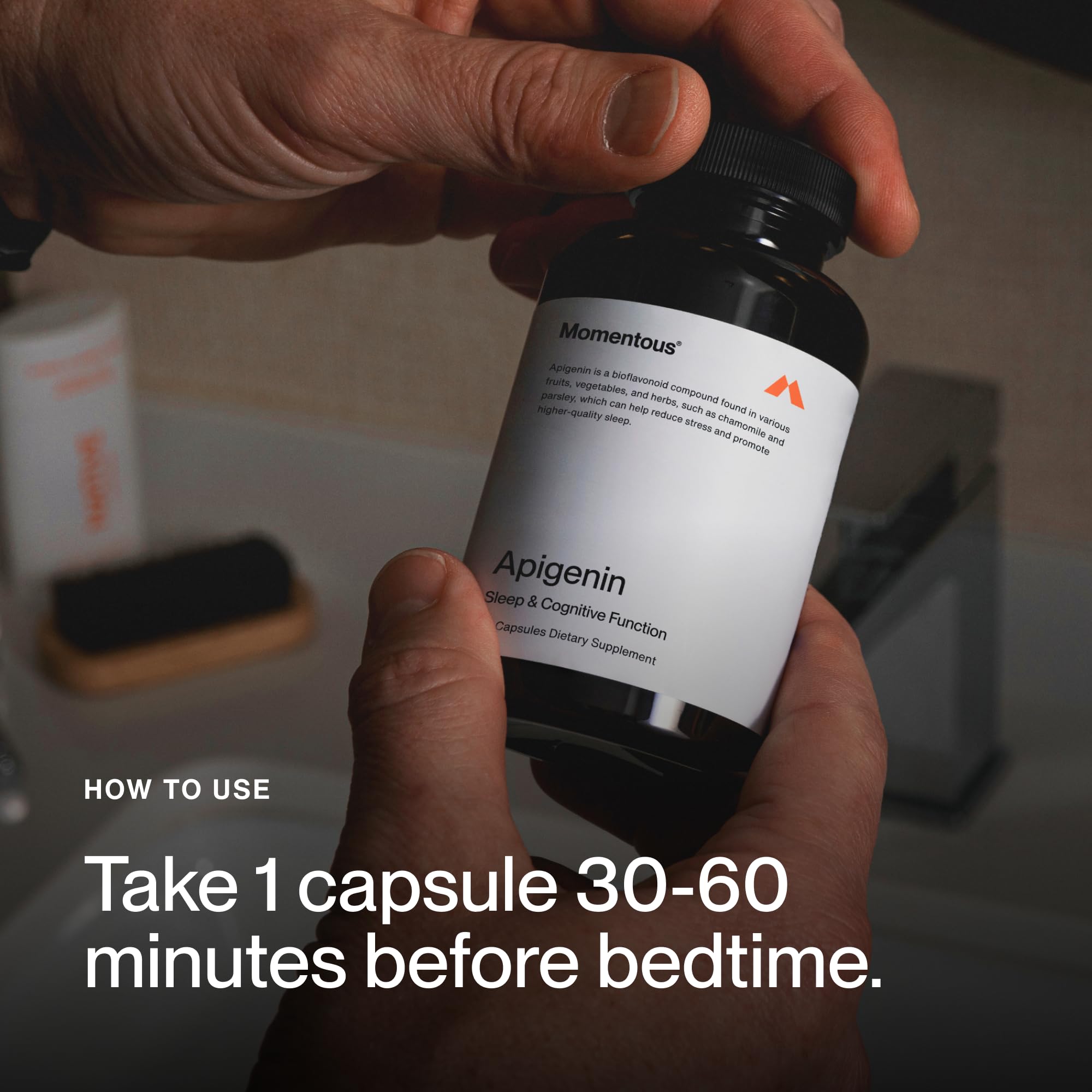 Momentous Apigenin, dose 50 mg; soutien potentiel à l’endormissement.