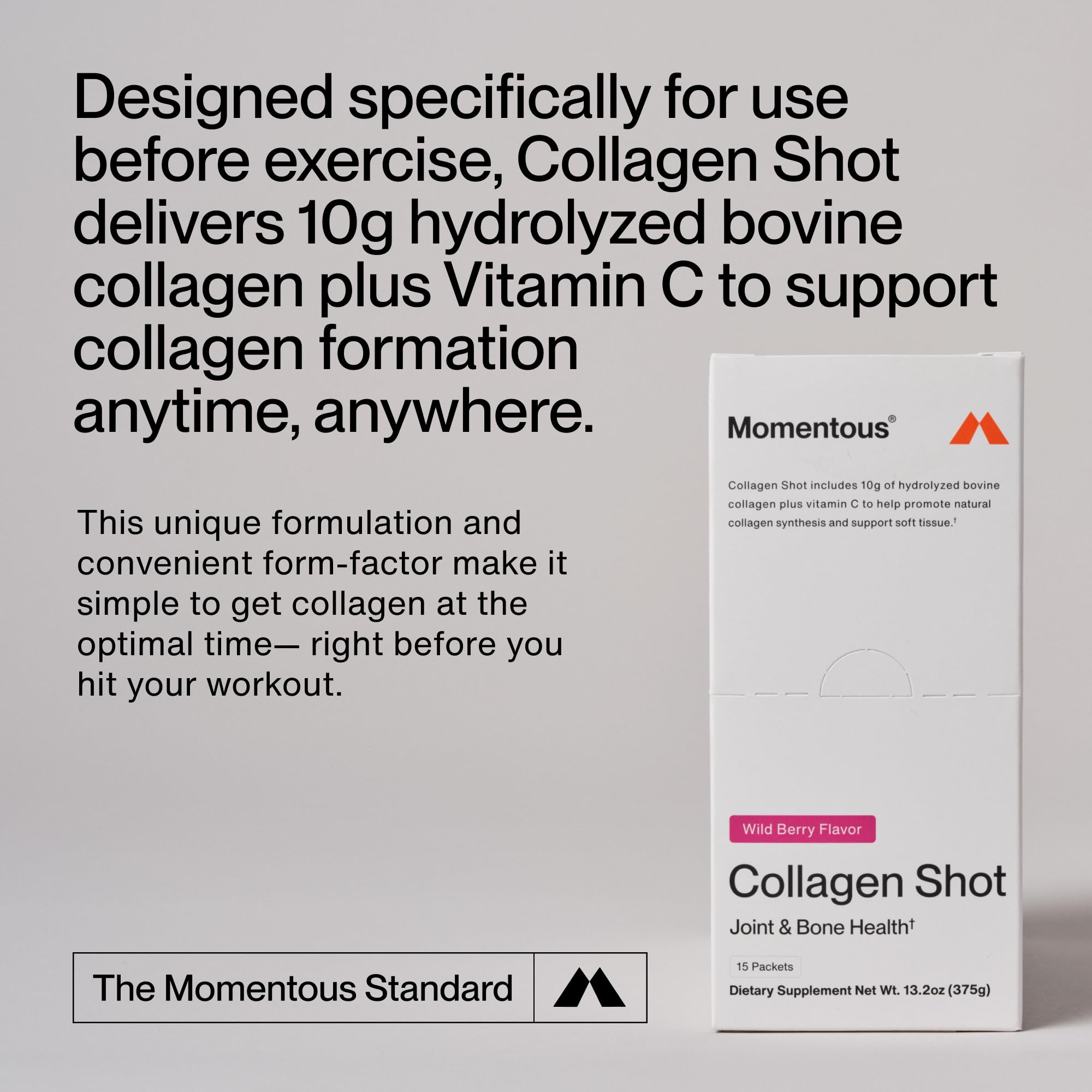 Momentous Collagen Shot : emballage saveur baie sauvage pour une expérience aromatique.