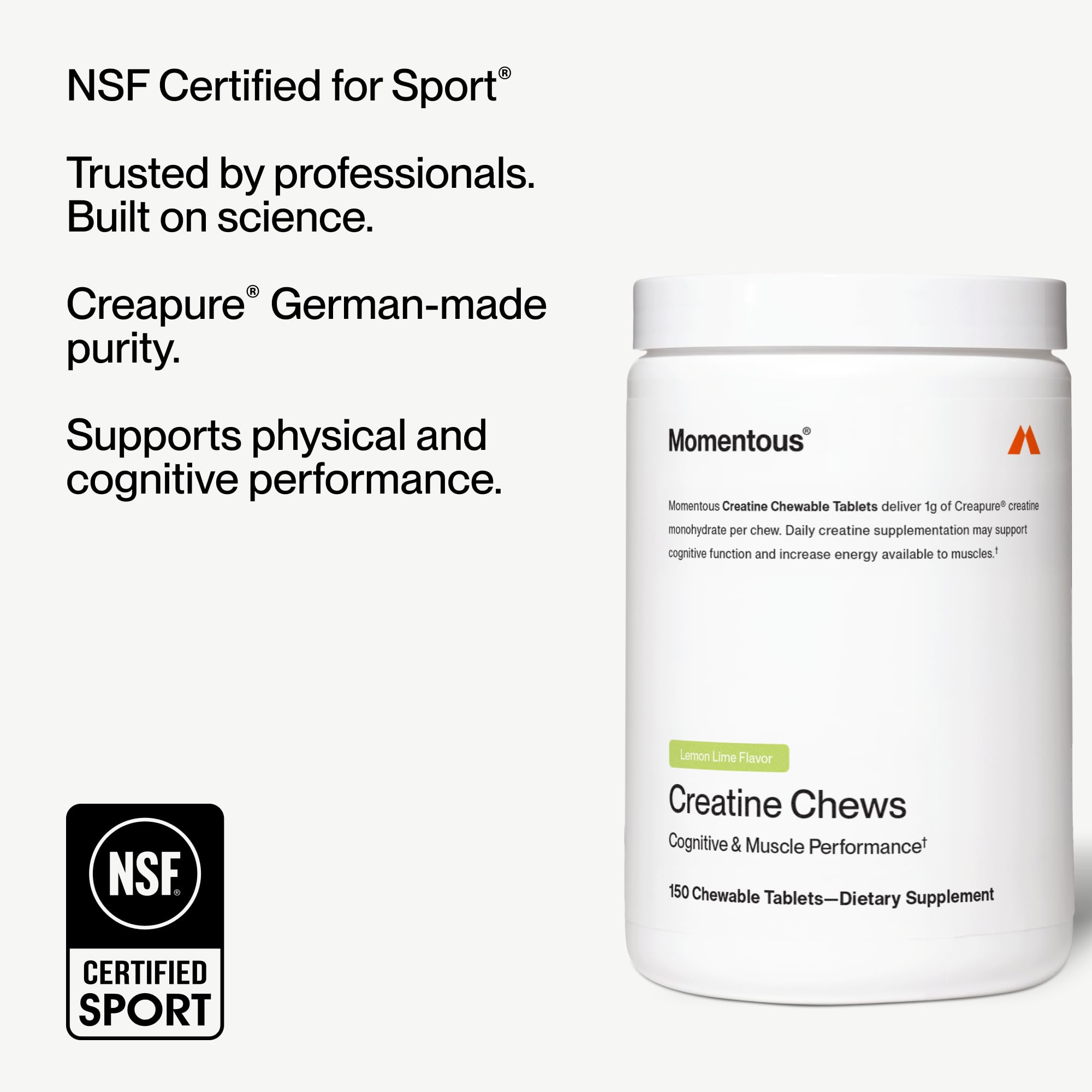 Momentous Creatine Chews Creapure Monohydrate: créatine de haute pureté d'origine allemande.