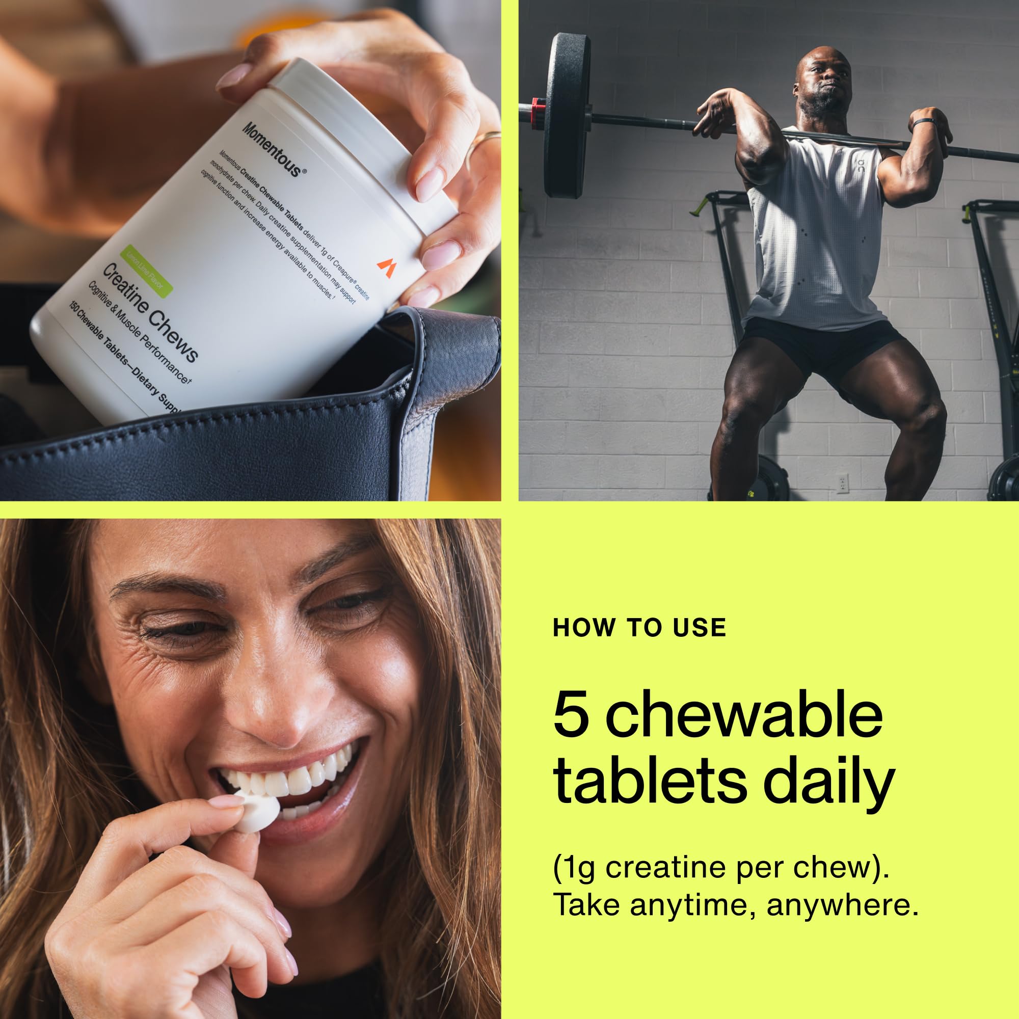 Momentous Creatine Chews récupération rapide: aide potentielle après l'effort.