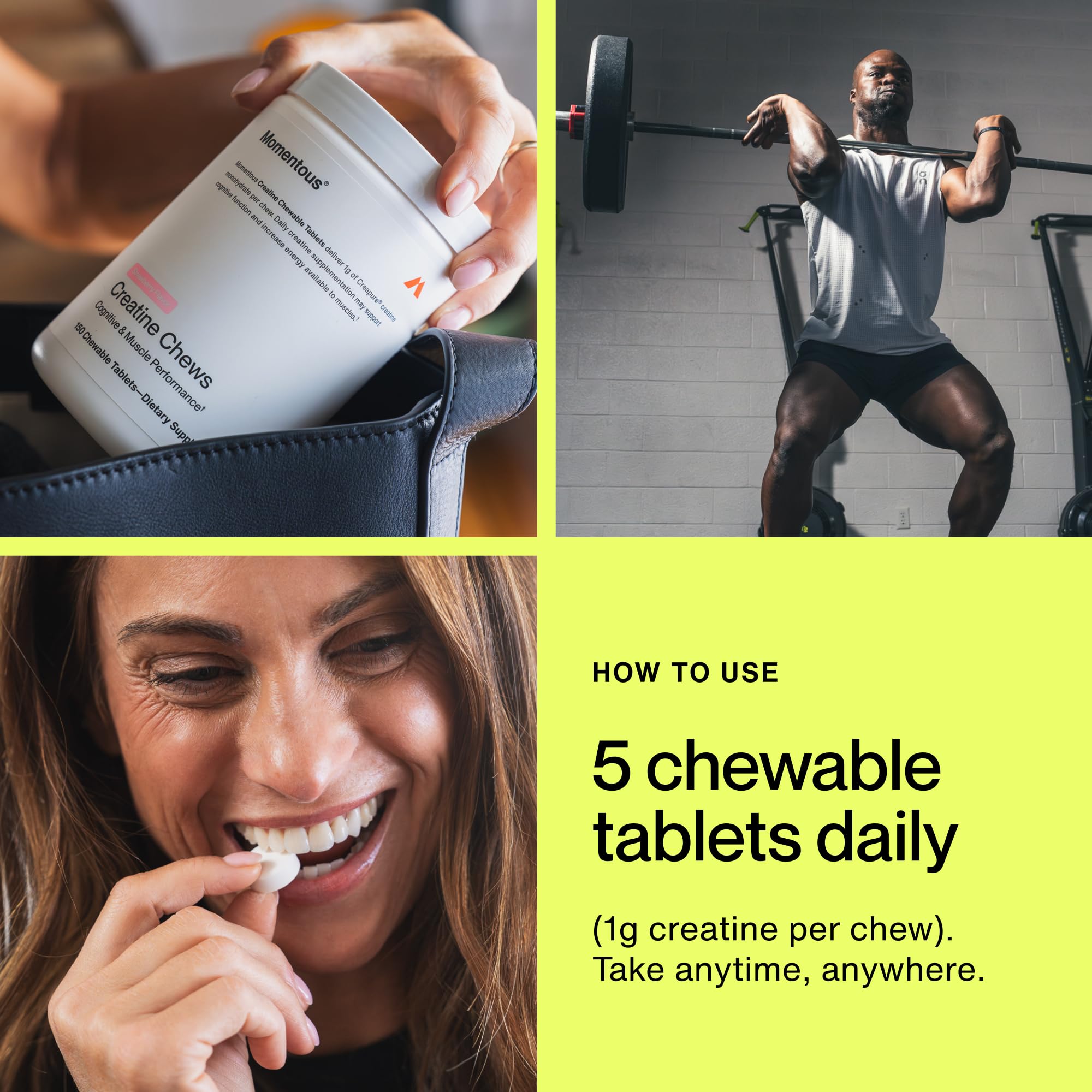 Momentous Creatine Chews – dose individuelle, énergie tout au long de la journée.