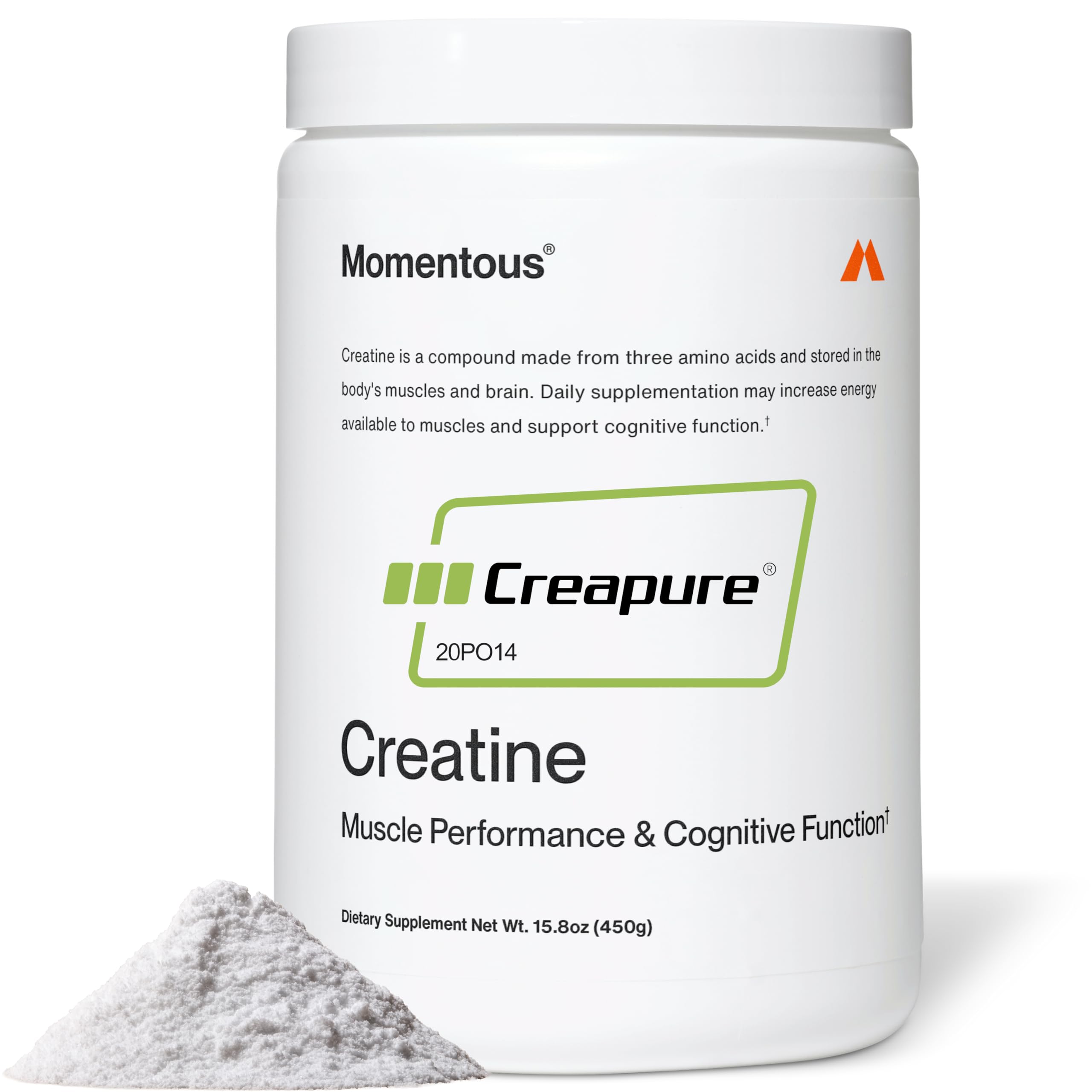 Momentous Créatine Monohydrate en pot, favorise la force et la récupération post-entraînement.