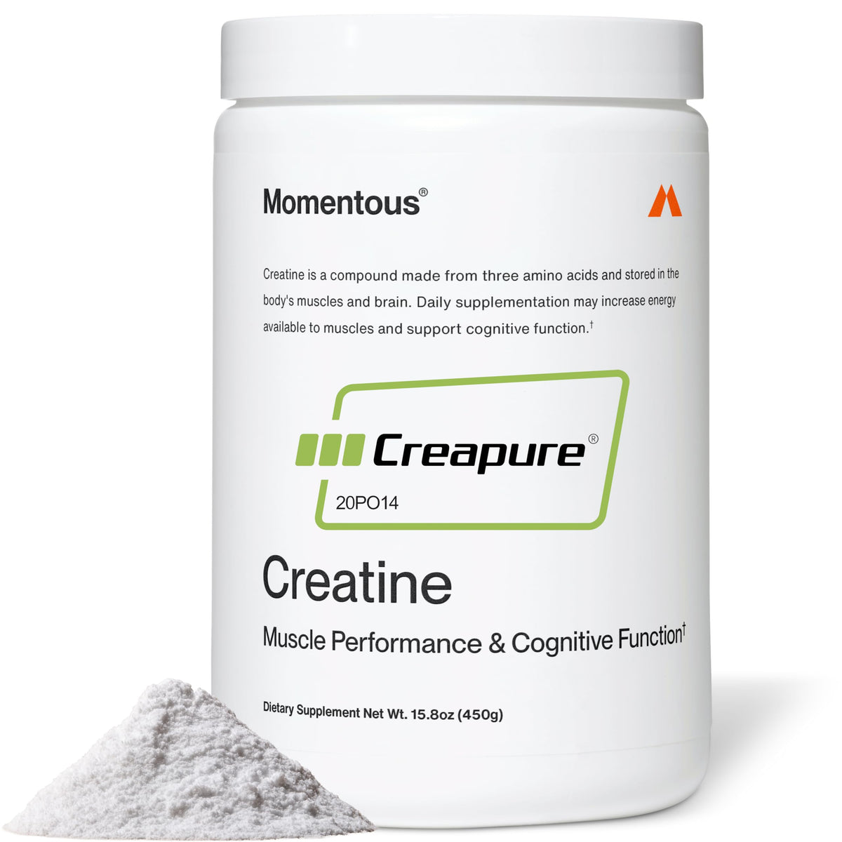 Momentous Créatine Monohydrate en pot, favorise la force et la récupération post-entraînement.