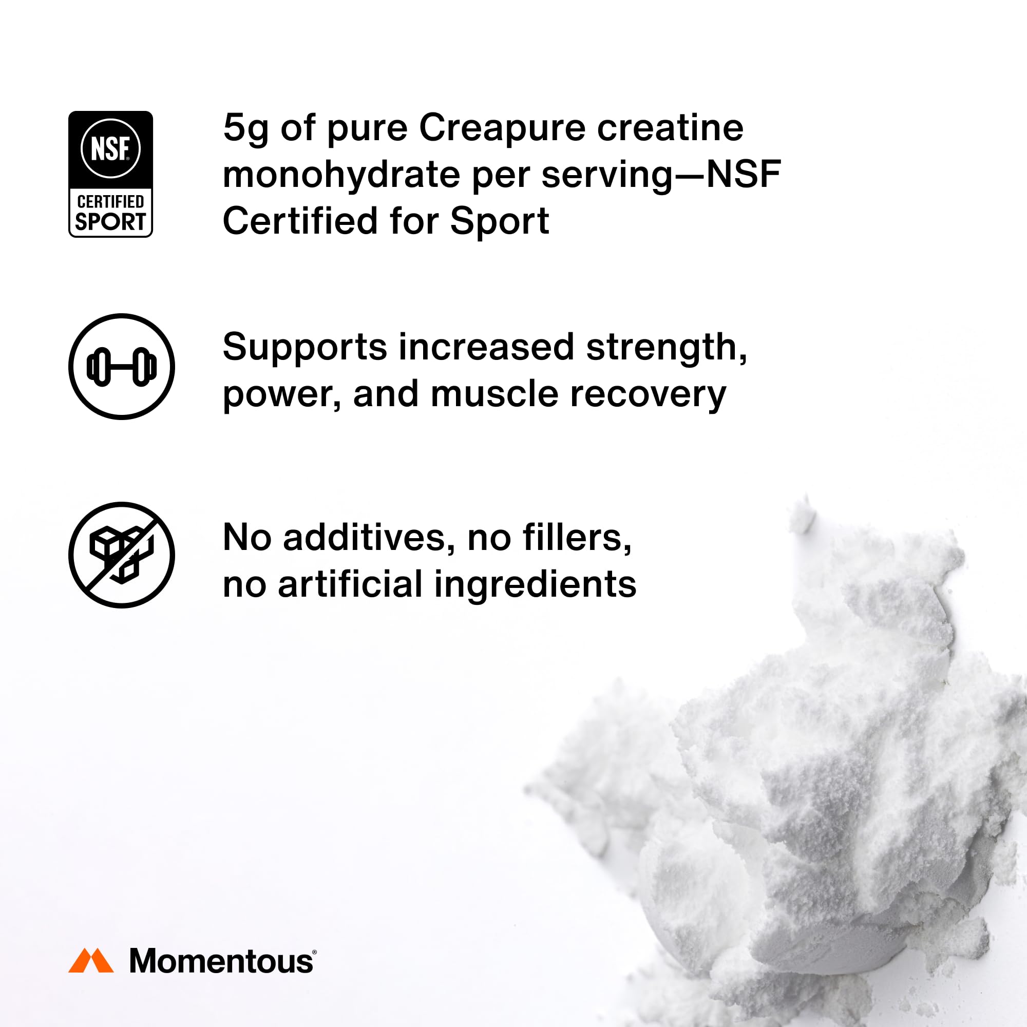 Momentous Créatine Monohydrate en poudre avec doseur pour un dosage facile.