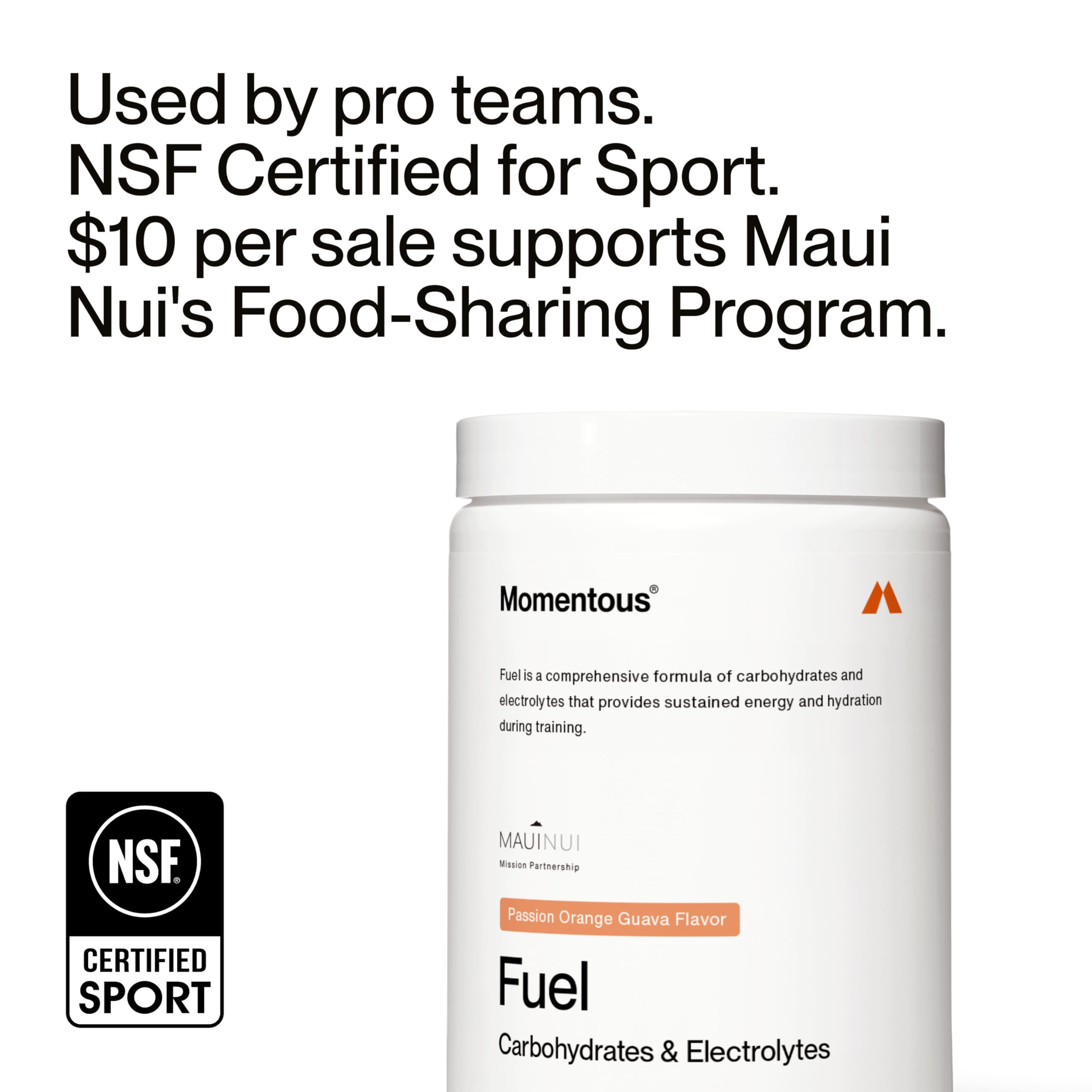 Étiquette NSF pour Momentous Fuel, sport certifié et traçabilité.