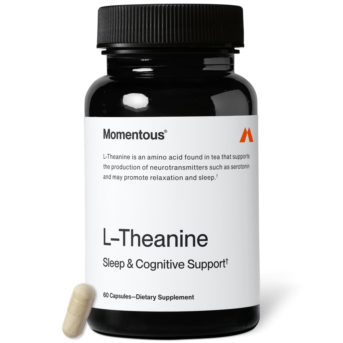 Momentous L-Theanine: gelules en bouteille favorisant relaxation et concentration sans somnolence.