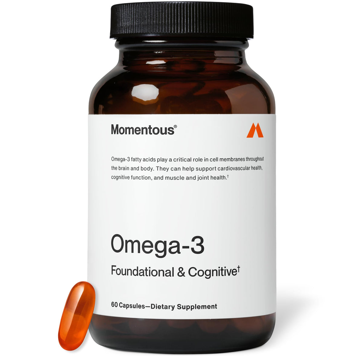 Momentous Omega-3 : bouteille de capules, soutien potentiel du cœur.