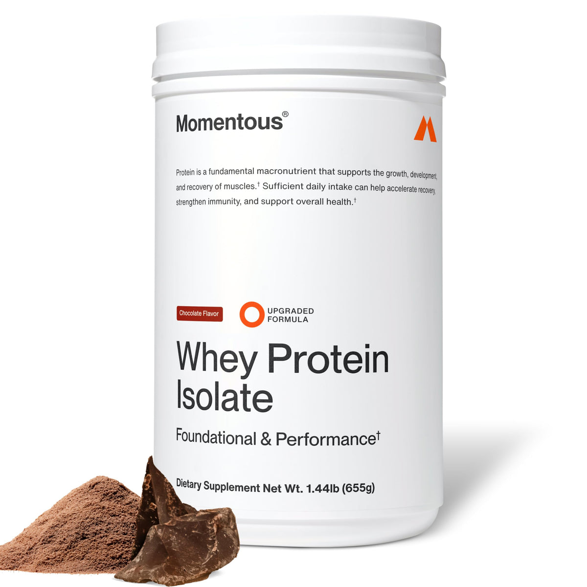 Momentous Poudre whey isolat pour muscles, favorisant la récupération après l'entraînement.