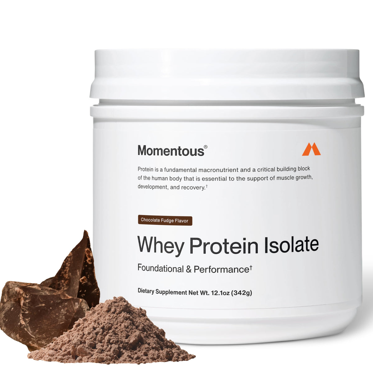 Momentous poudre whey isolate chocolat fudge, idéale pour récupération musculaire après l'entraînement.