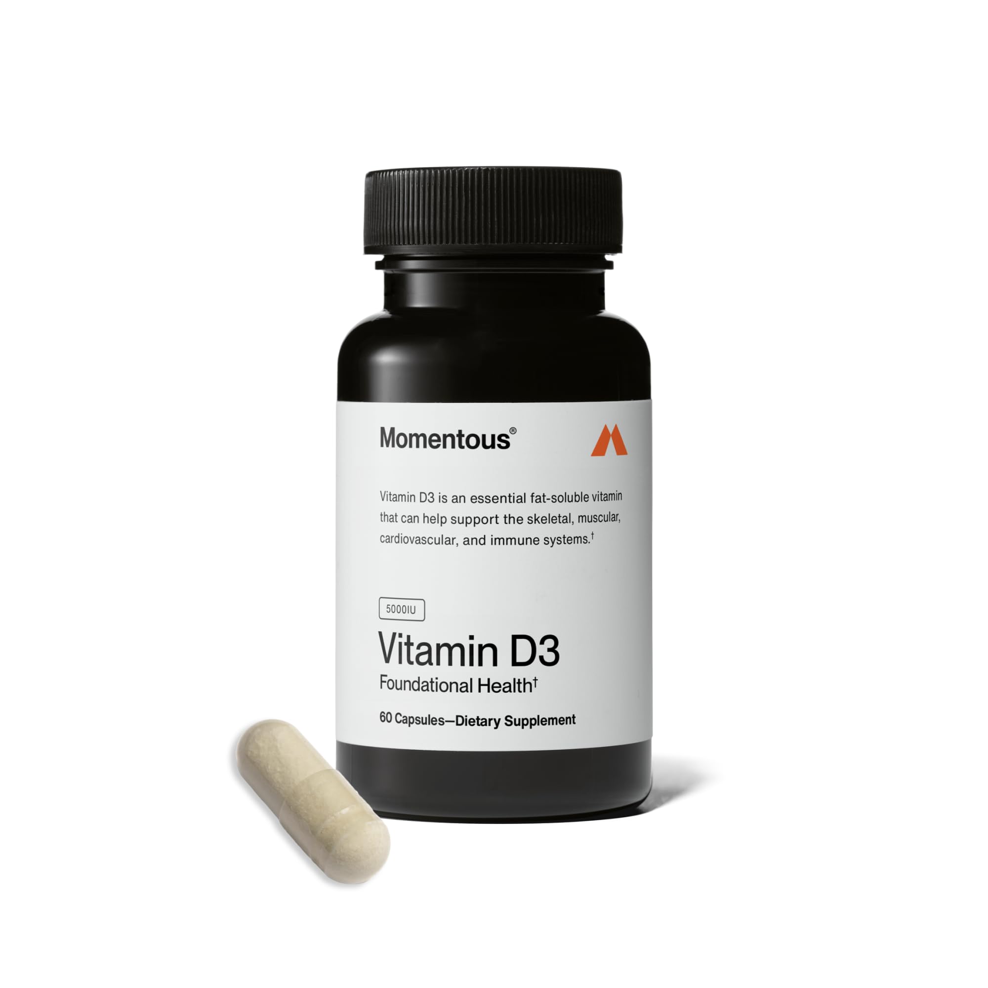 Momentous Vitamine D3 – gélules 5000IU dans la bouteille, pratique pour la routine quotidienne.