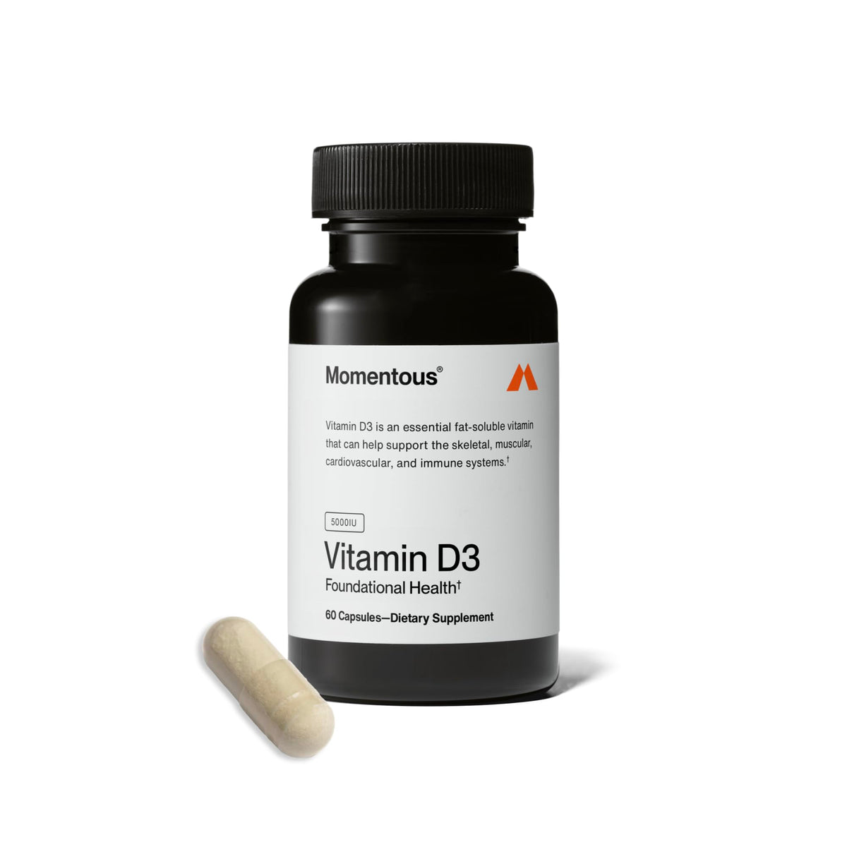 Momentous Vitamine D3 – gélules 5000IU dans la bouteille, pratique pour la routine quotidienne.
