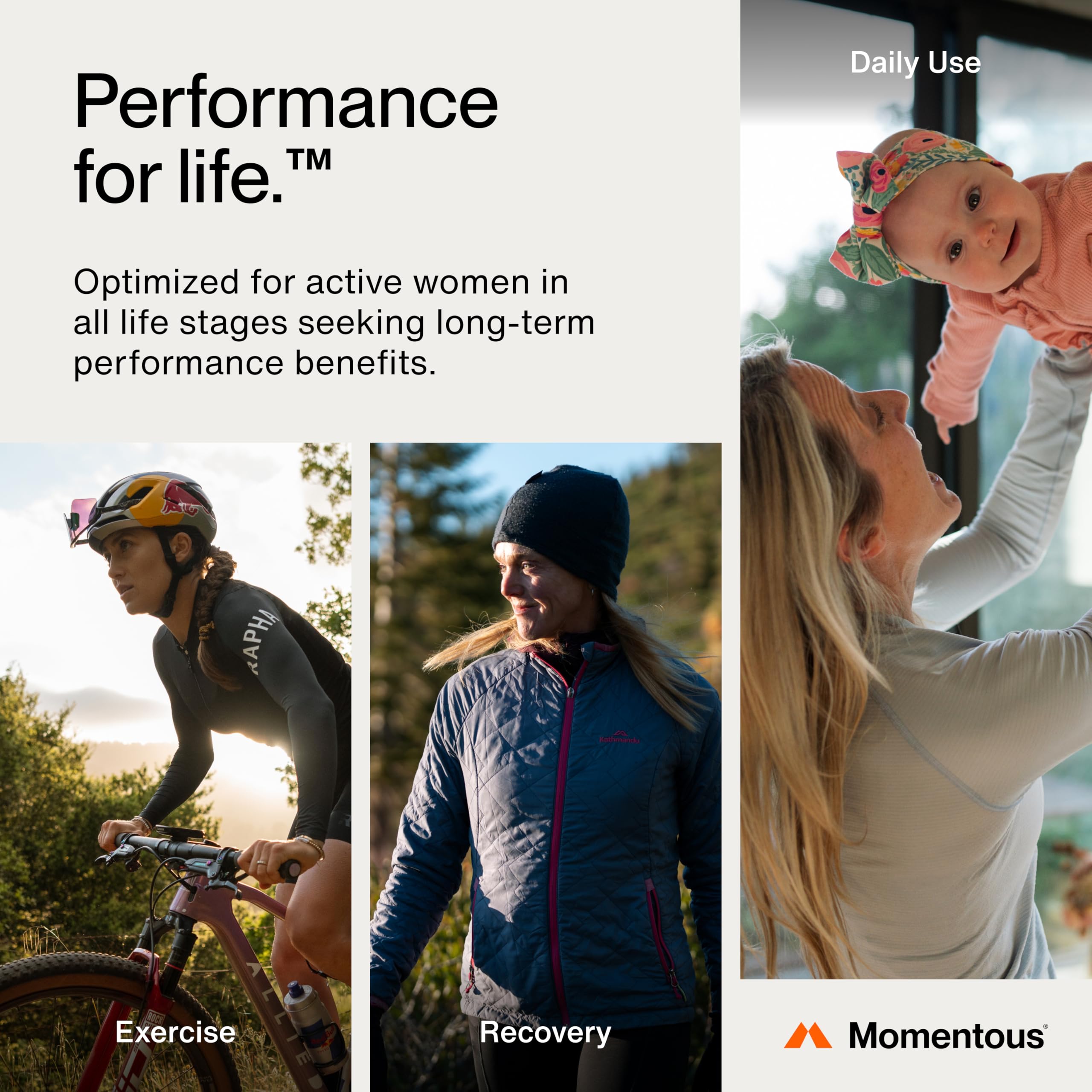 Momentous Women’s Three - Emballage et étiquette clairs avec informations nutritionnelles.