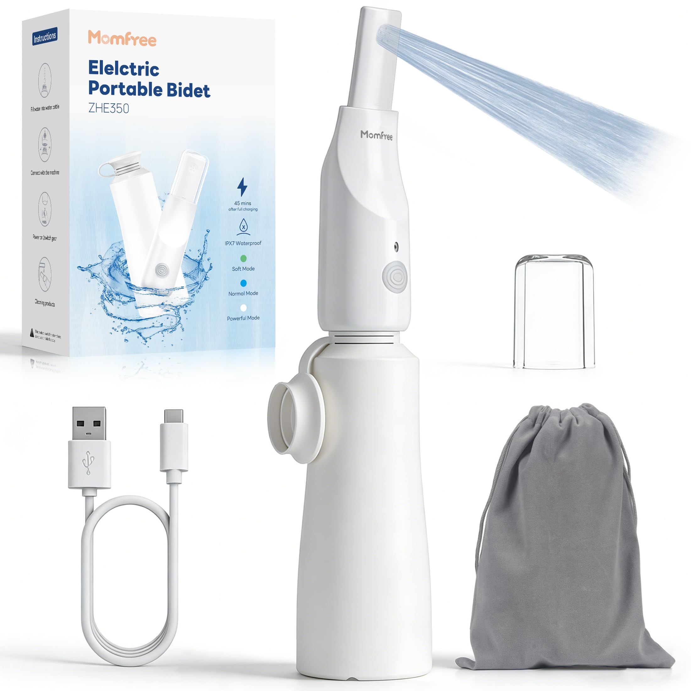Momfree bidet portable voyage 350 ml pour une hygiène pratique en déplacement.