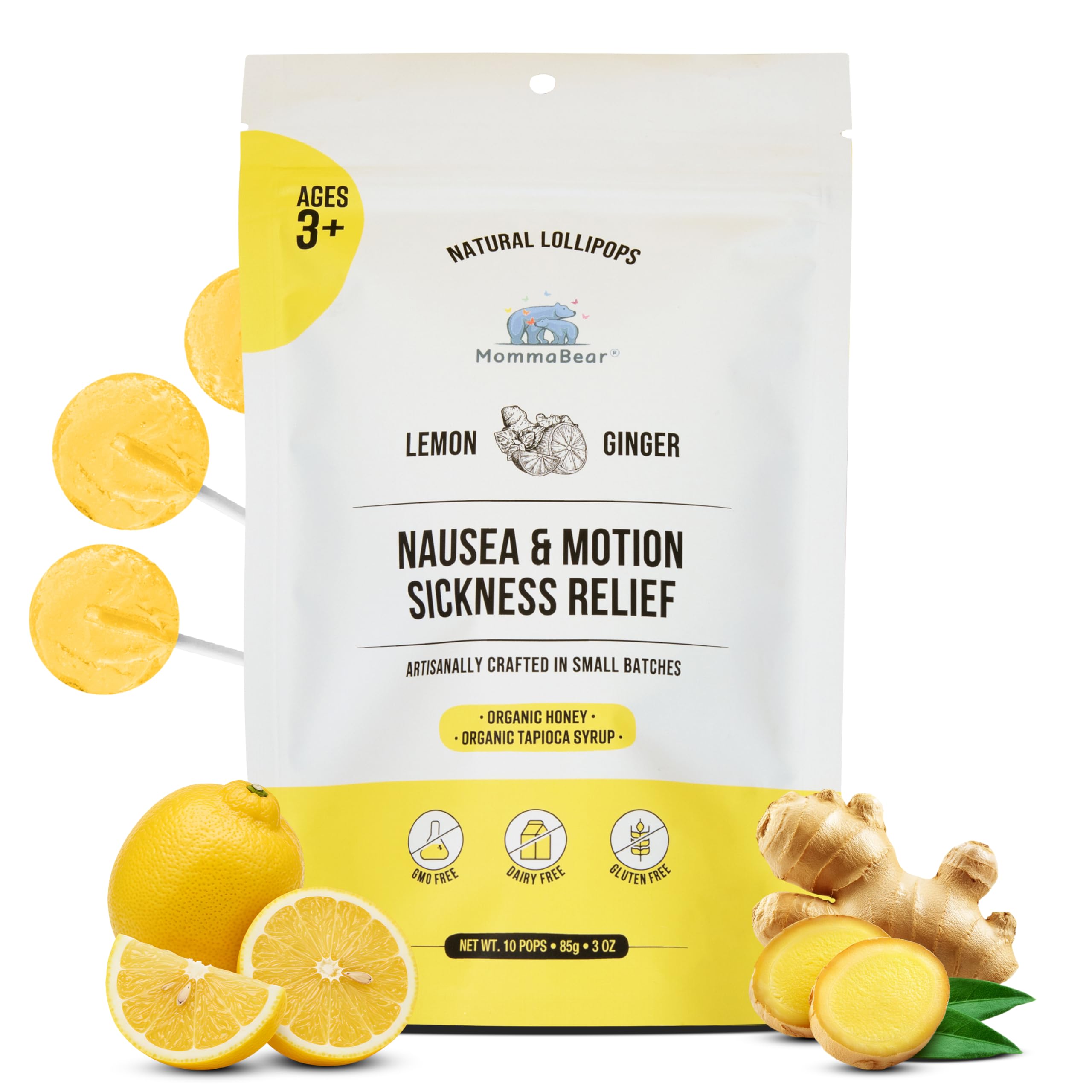 Sucette MommaBear au citron-gingembre, apaisante et naturelle pour la nausée.
