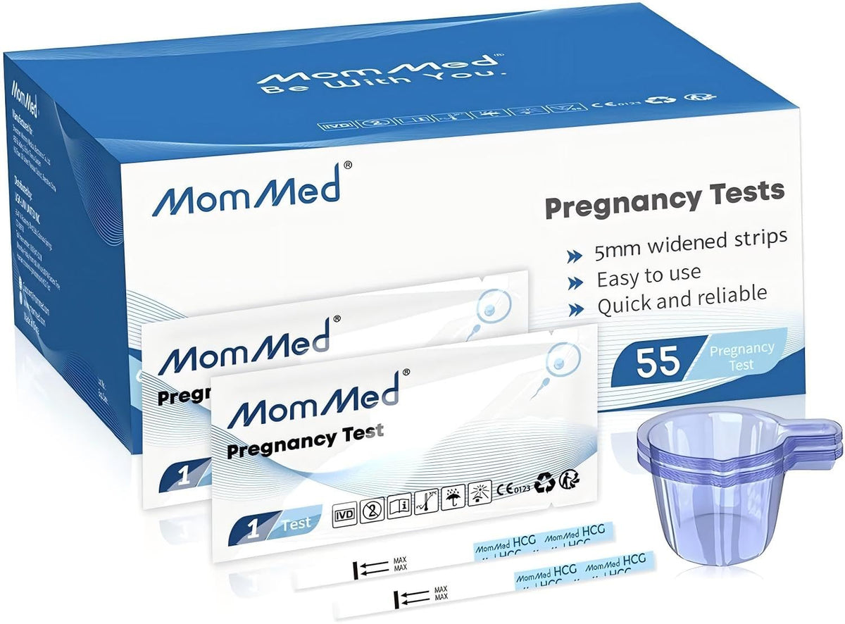 MomMed test grossesse avec emballage compact et 55 bandelettes, pratique à domicile.