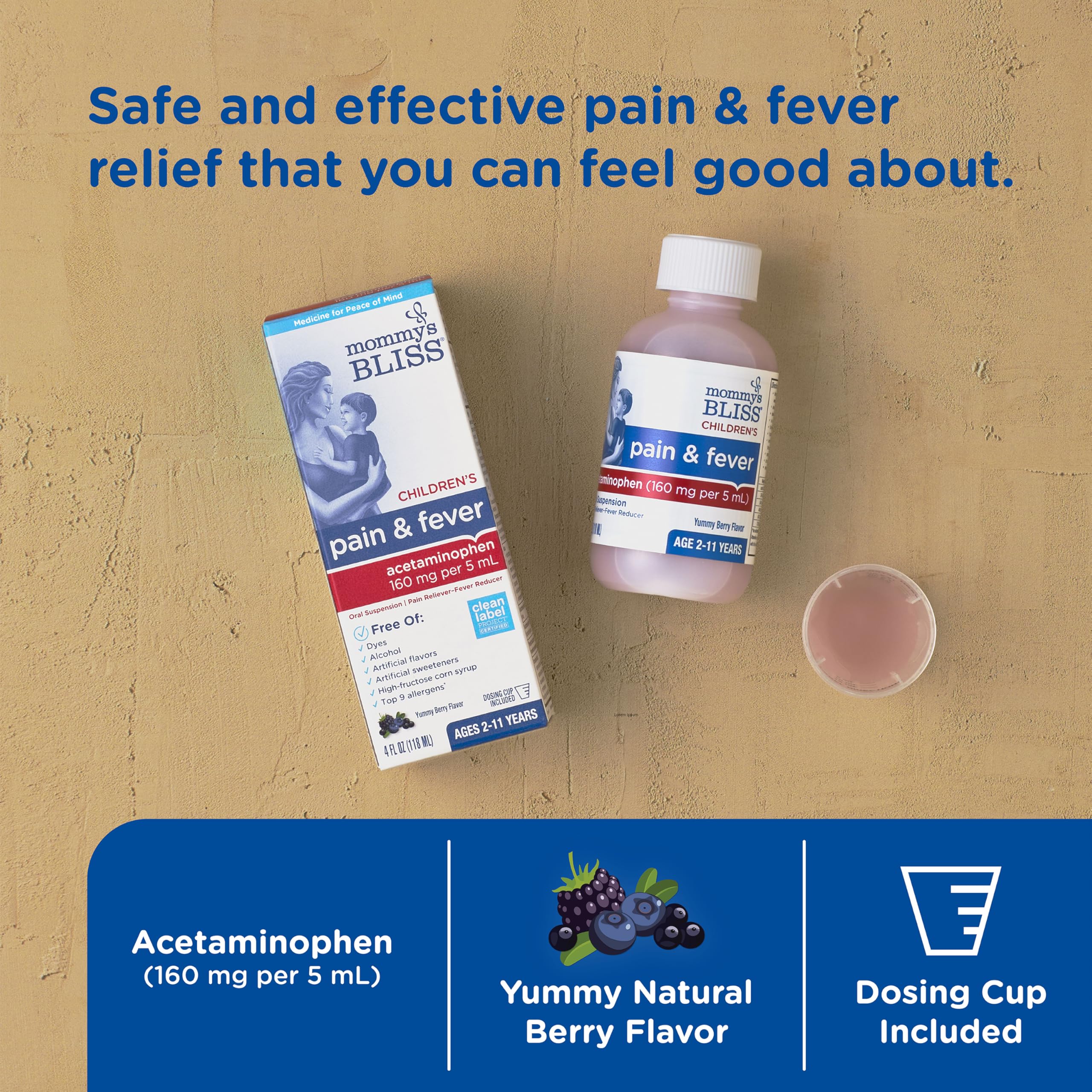 Mommy's Bliss gobelet-dose, administration simple pour fièvre et douleurs.