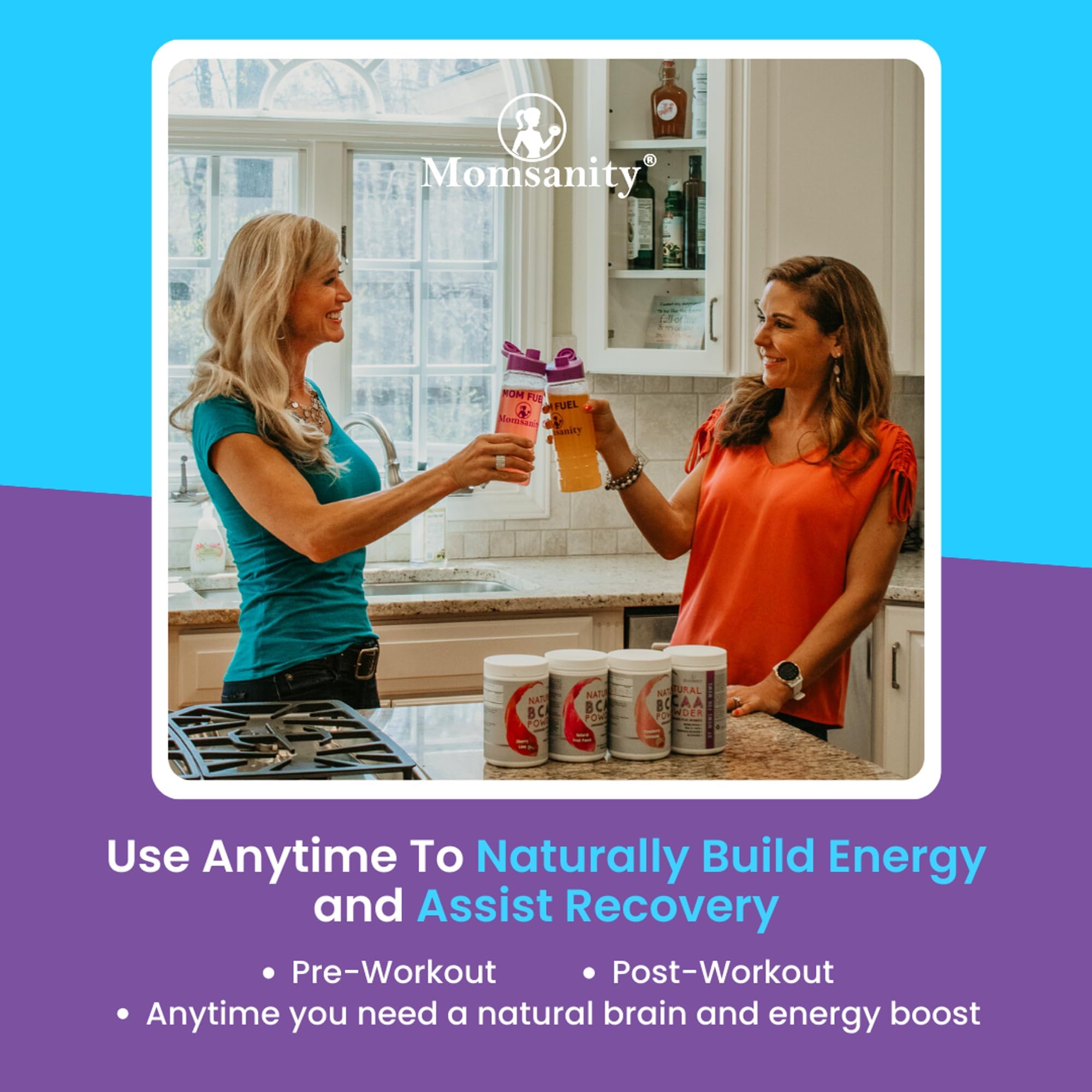 Momsanity BCAA pré-workout, cuillère-mesure incluse, dosage rapide et précis.