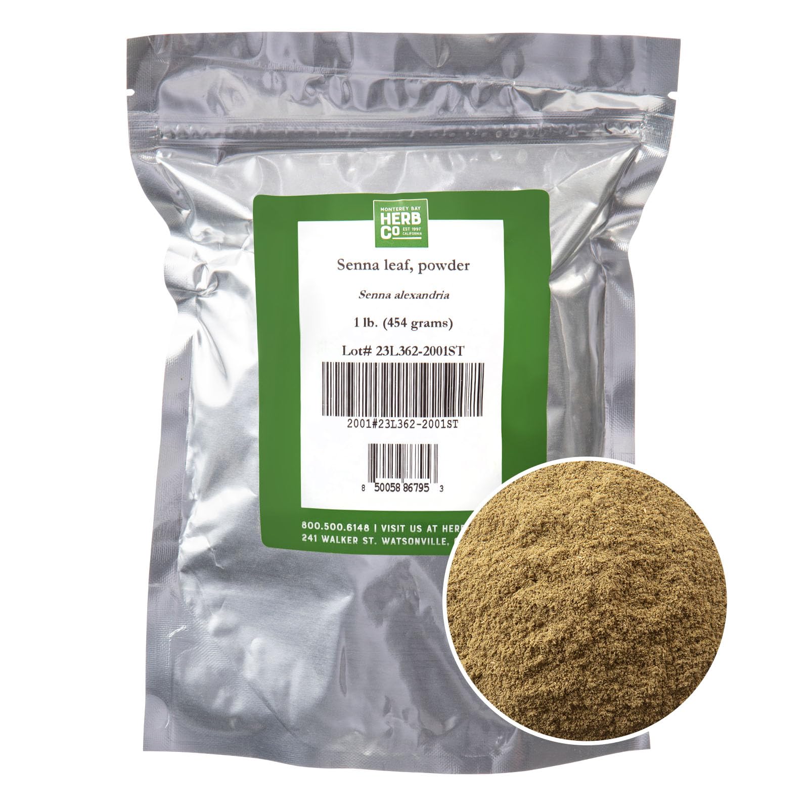 Poudre de séné MONTEREY BAY HERB CO prête à infuser pour tisanes et préparations.