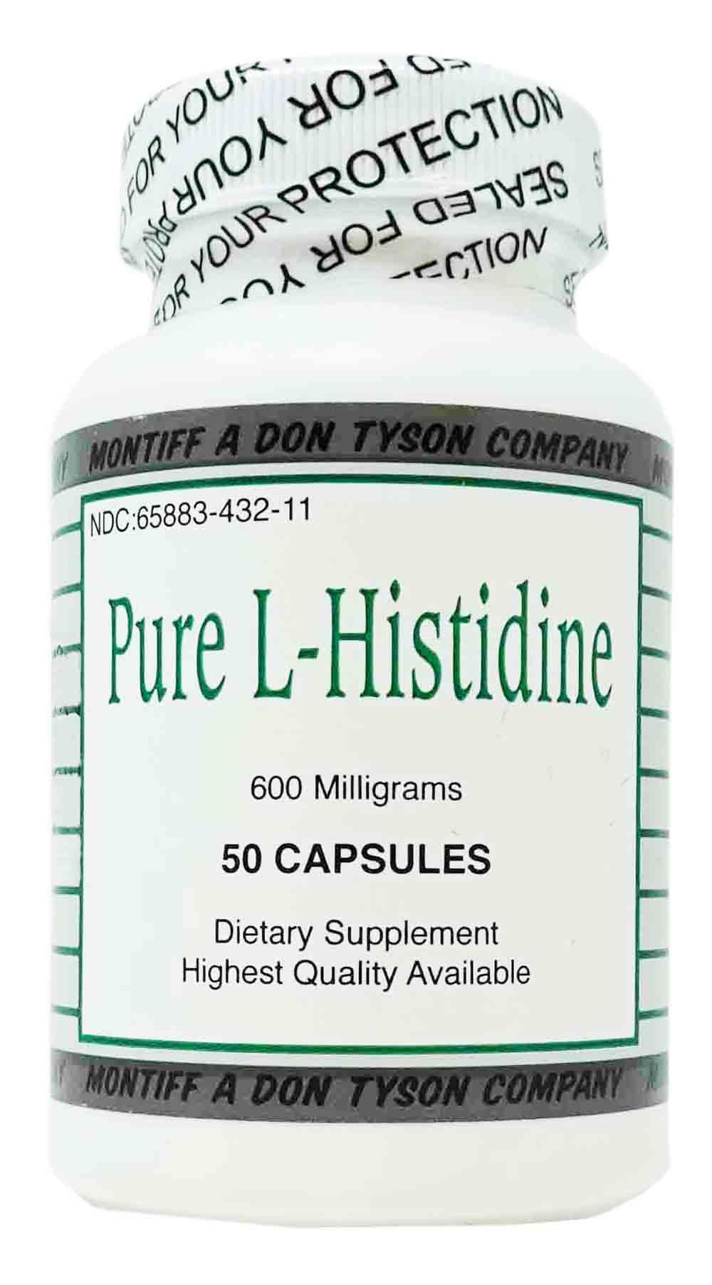Montiff L-Histidine 600 mg, bouteilles de capsules, apport quotidien en acide aminé.