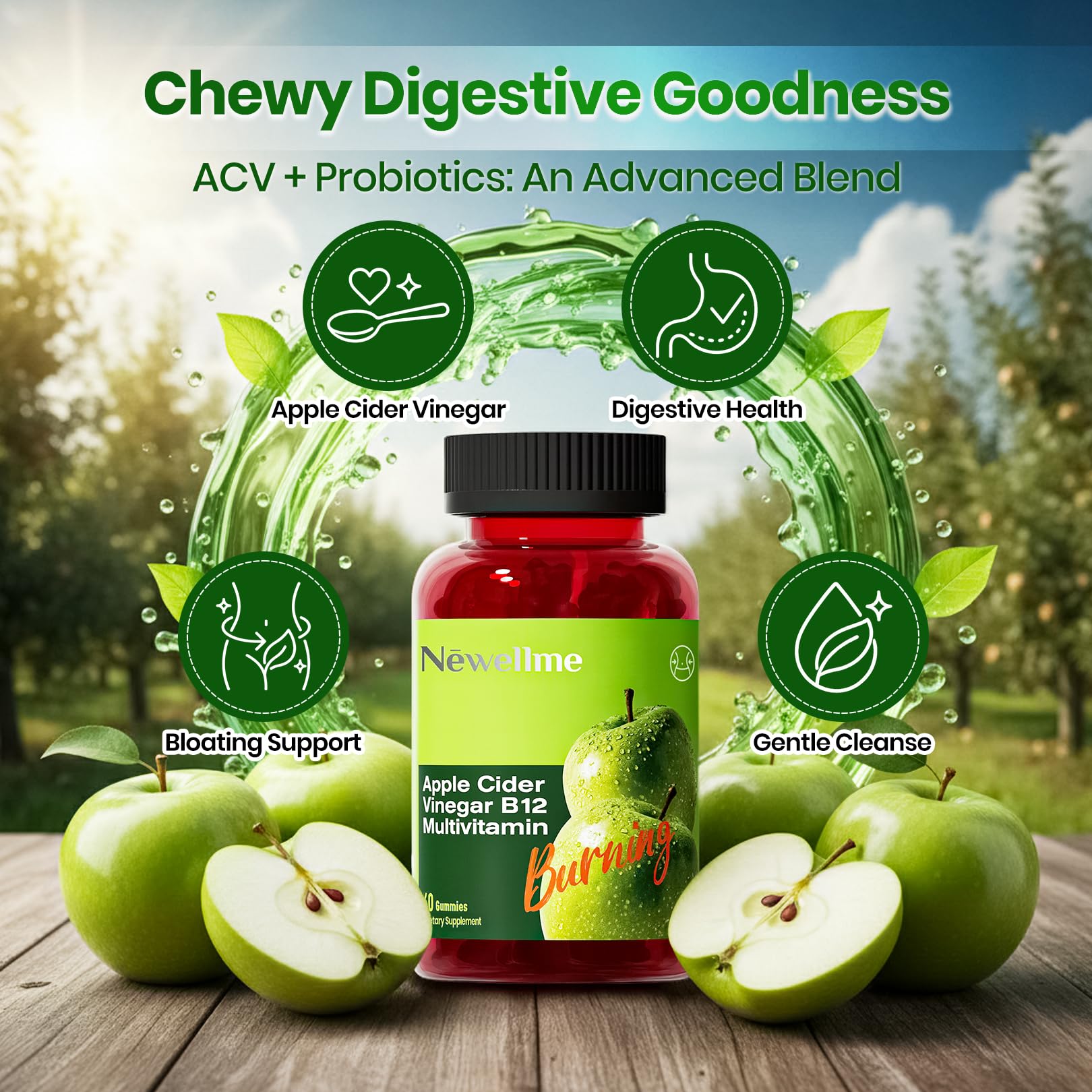 Ingrédients naturels et B12 dans les gommes NEWELLME Montue cidre de pomme.