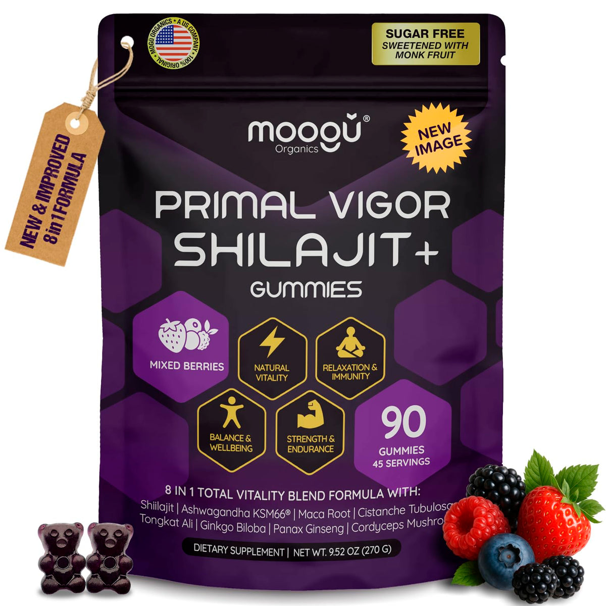 Gommes Moogu Organics Shilajit, bouteille ouverte, énergie naturelle sans crash