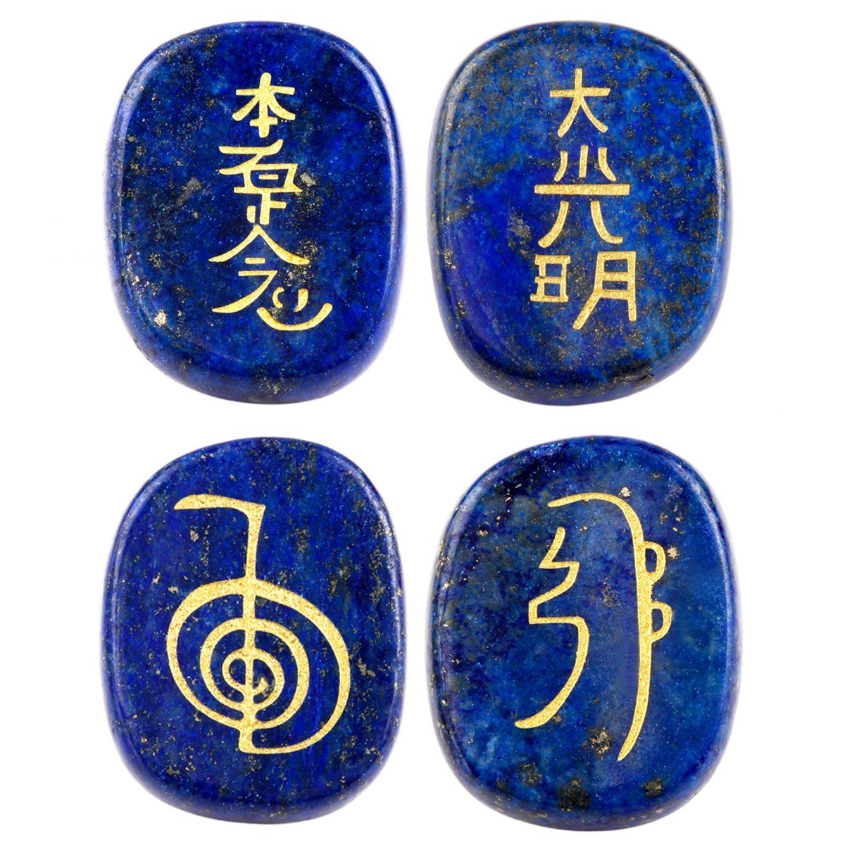 Pierres lapis-lazuli gravées par mookaitedecor, symboles chakra pour méditation et clarté