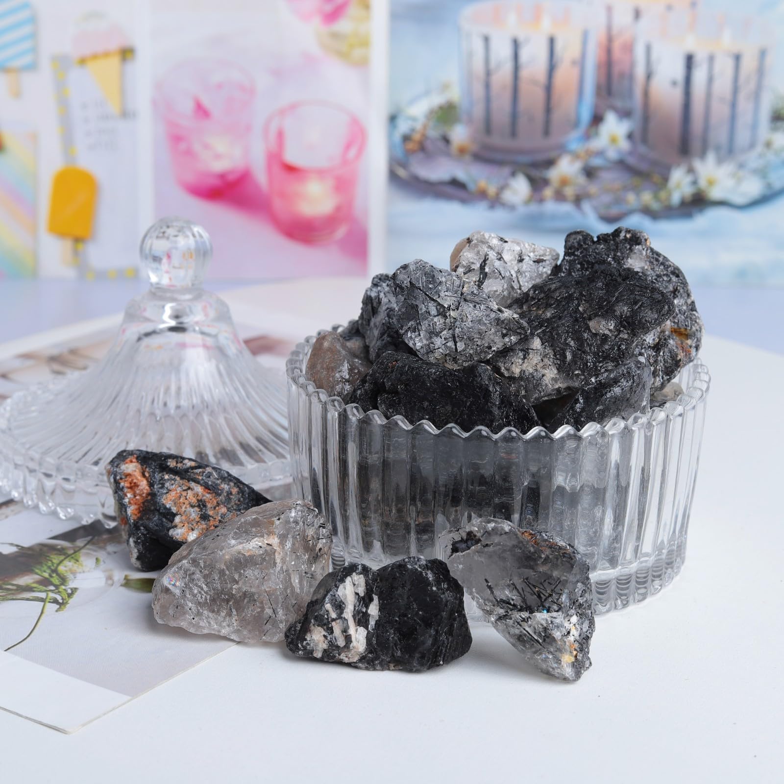 mookaitedecor sac velours cadeau avec pierres brutes quartz noir rutile.