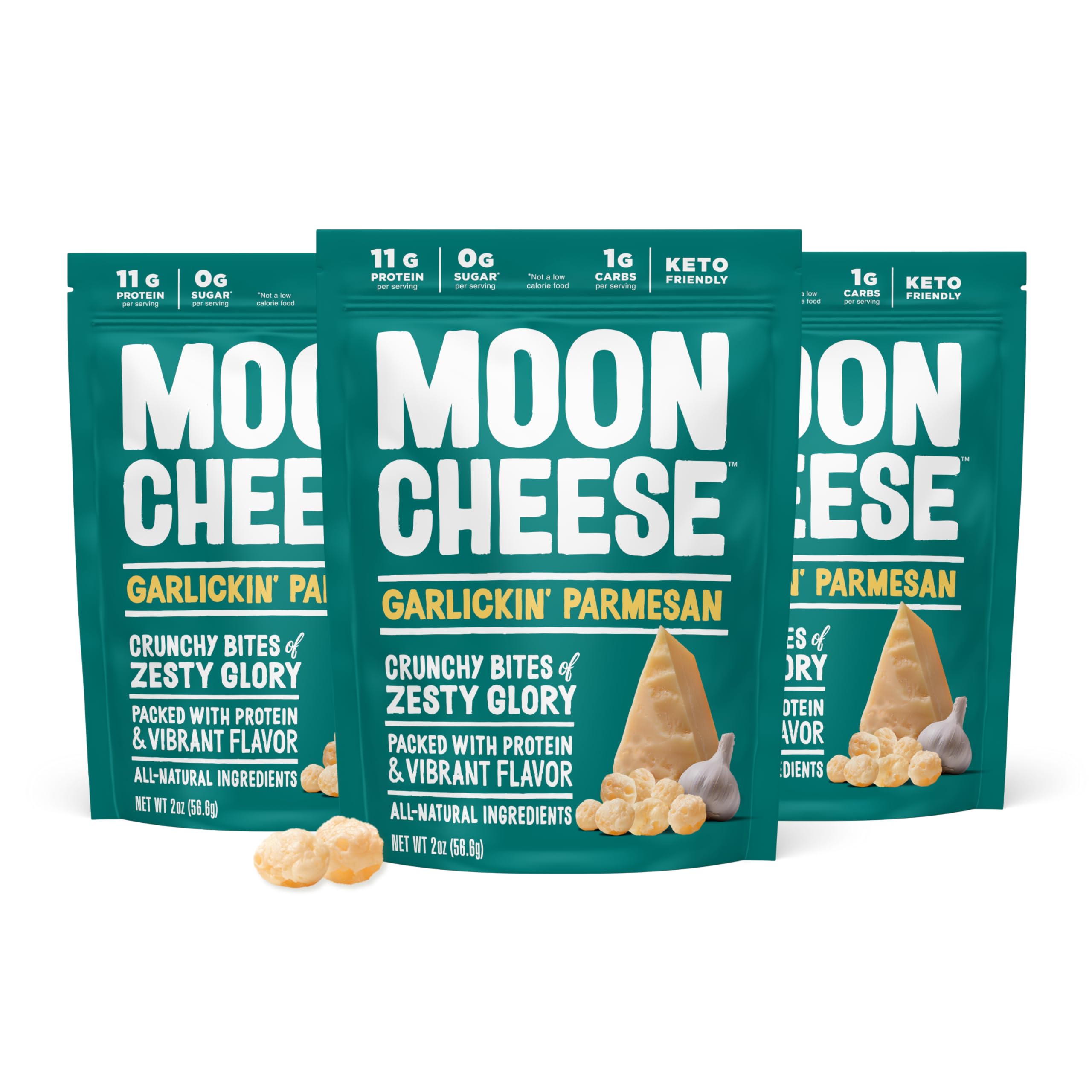 Moon Cheese bouchées parmesan ail croustillantes, collation protéinée et savoureuse.
