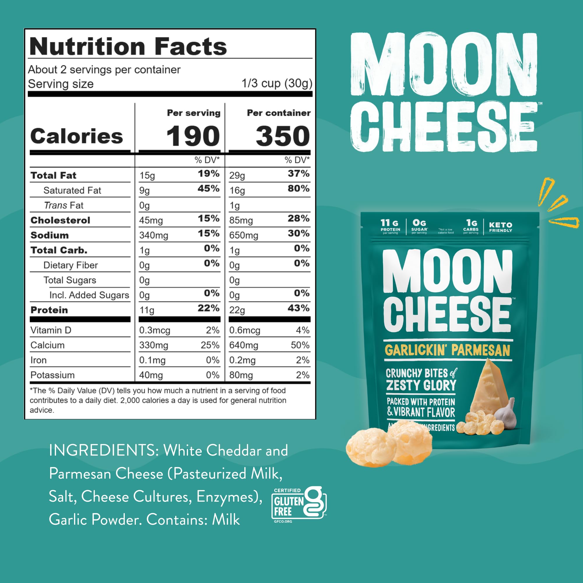 Moon Cheese bouchées parmesan ail riches en protéines et calcium.