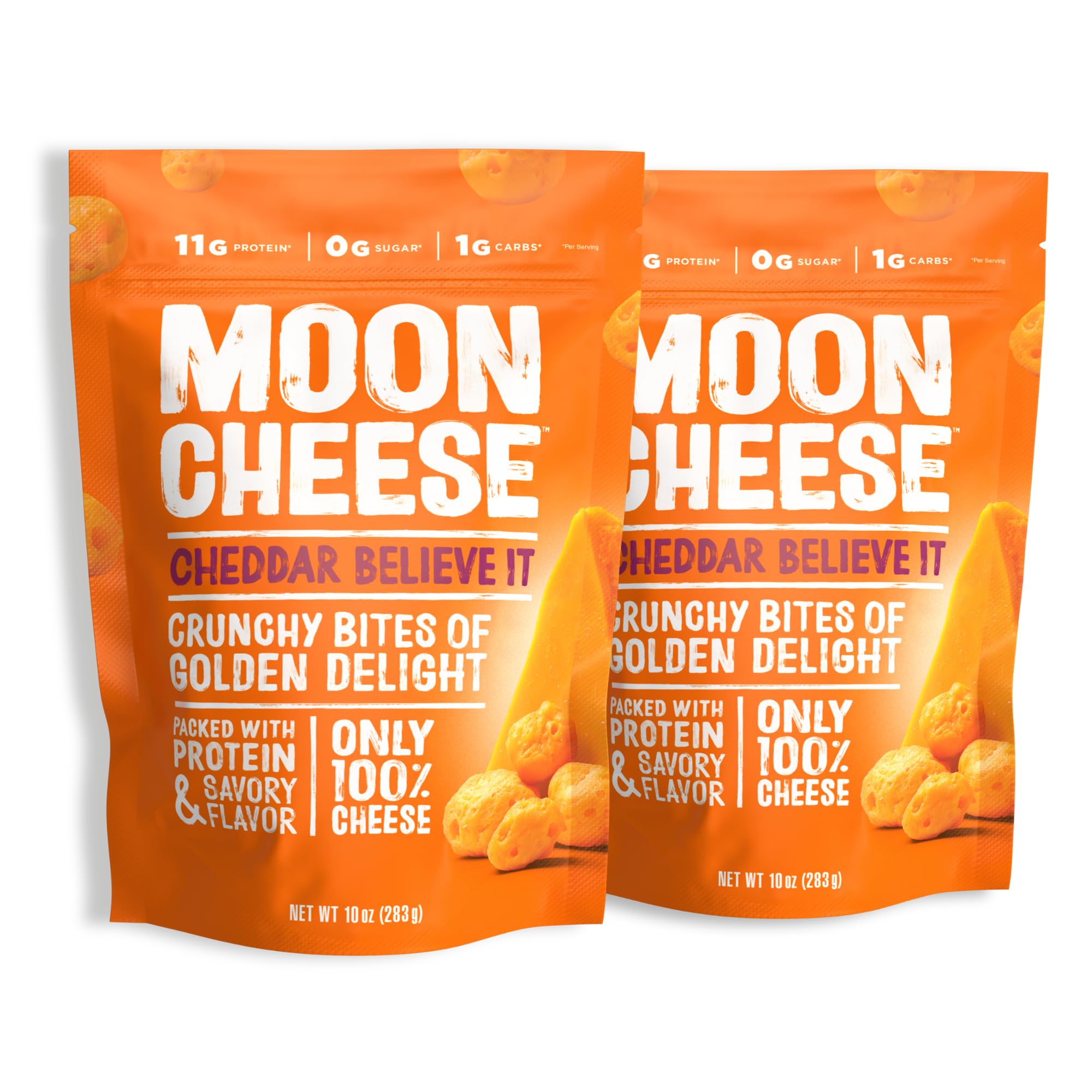 Moon Cheese cheddar Believe It emballage 2 paquets, collation pratique et protéinée