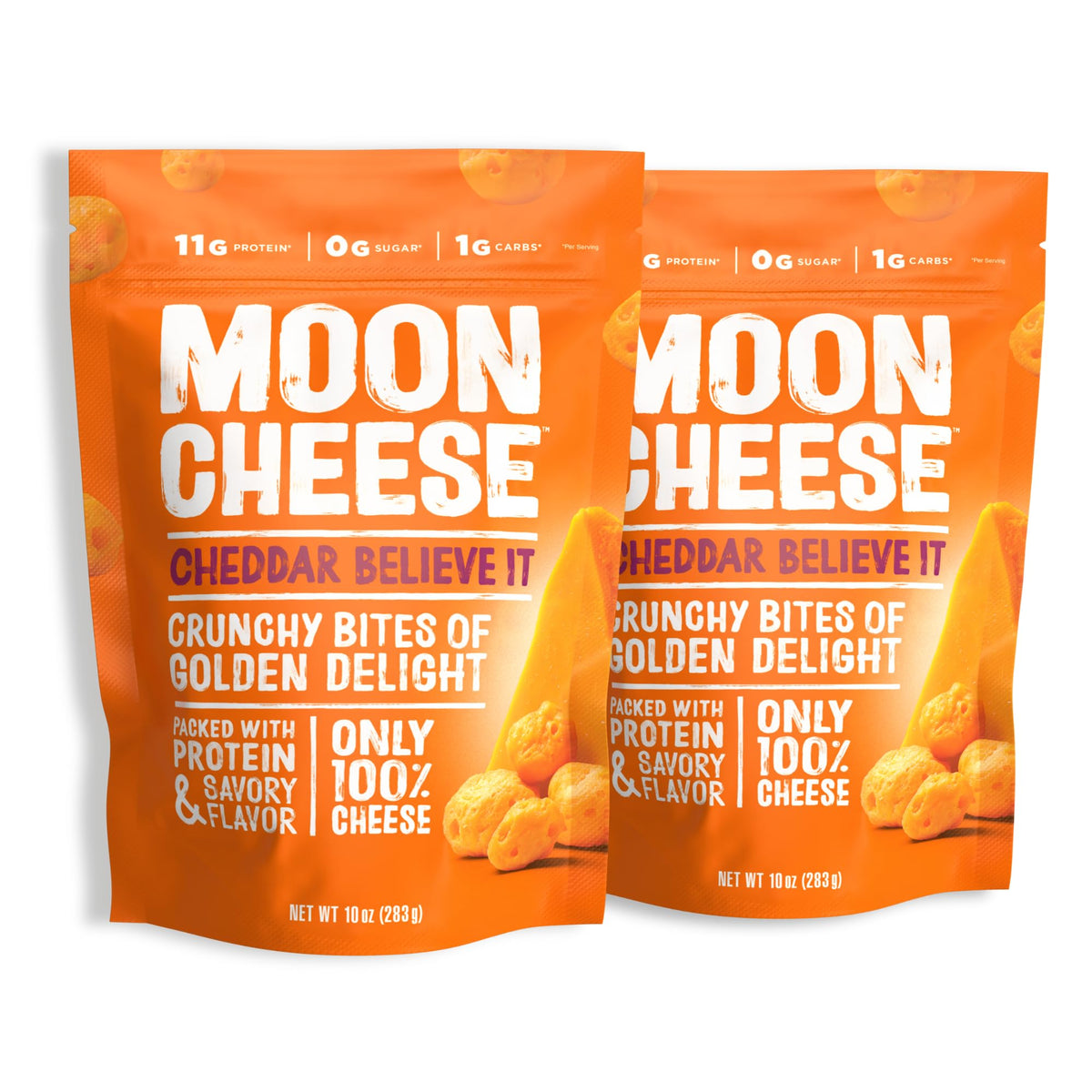 Moon Cheese cheddar Believe It emballage 2 paquets, collation pratique et protéinée