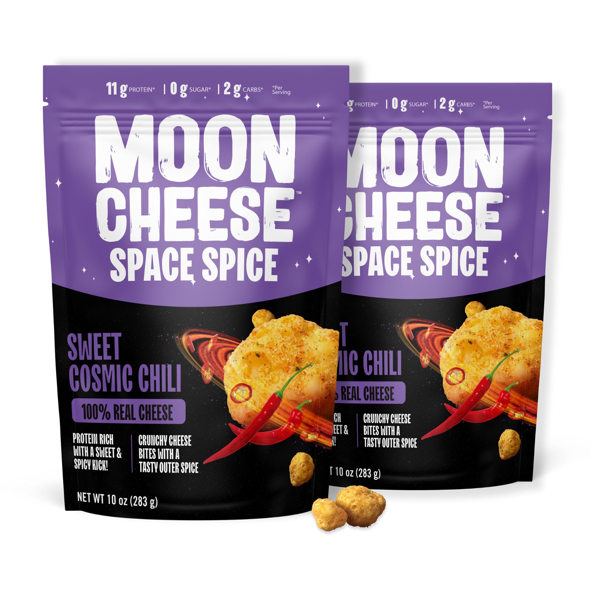 Moon Cheese Épice spatiale – emballage visible, snack pratique et protéiné.