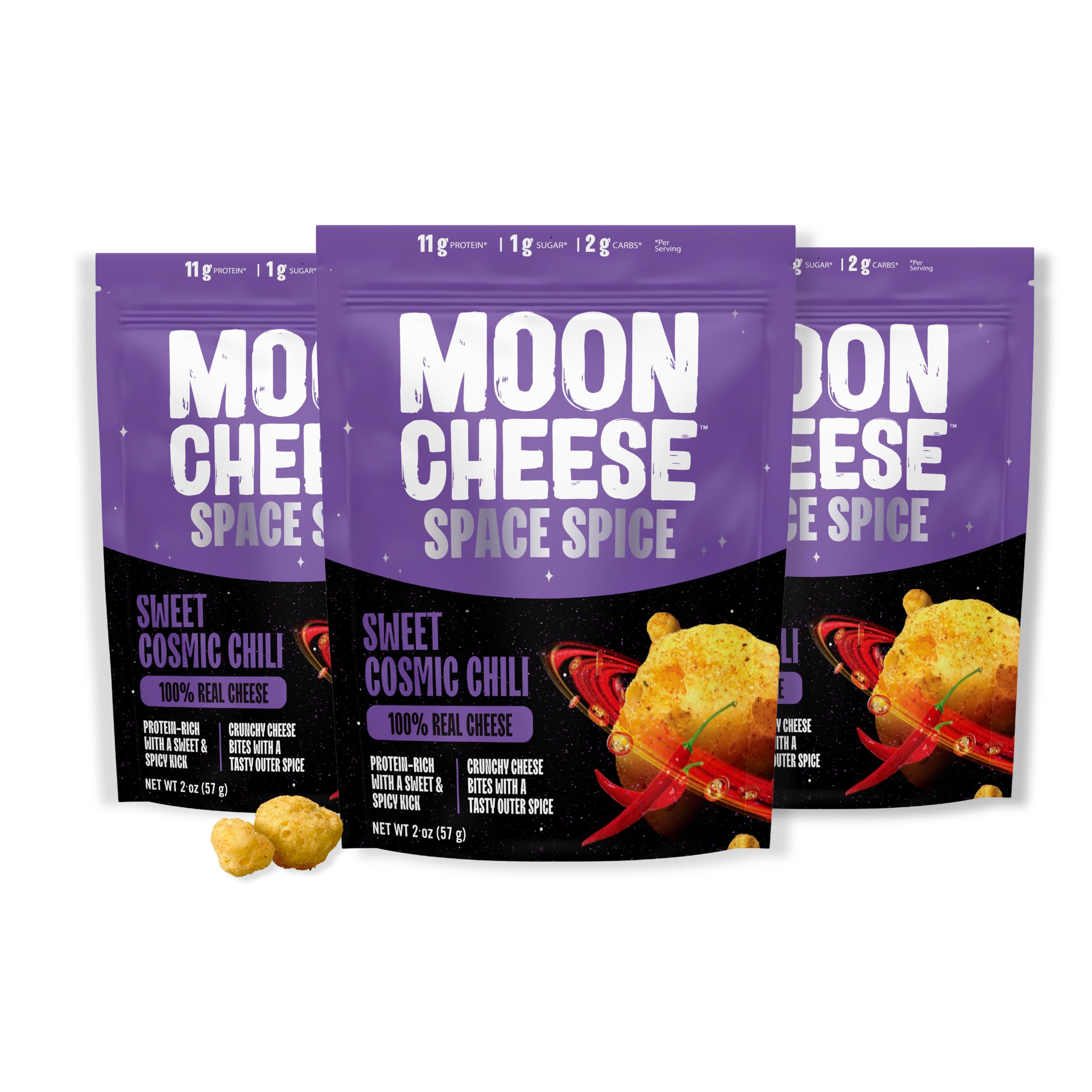 Moon Cheese Space Spice emballage ensemble, collations protéinées pratiques.