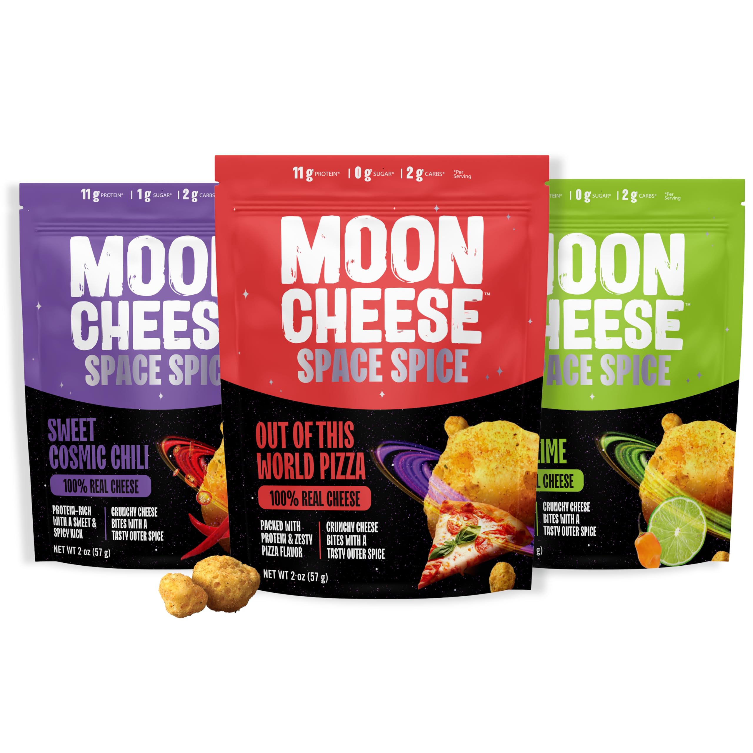 Moon Cheese Space Spice emballage attrayant pour snack protéiné rapide.