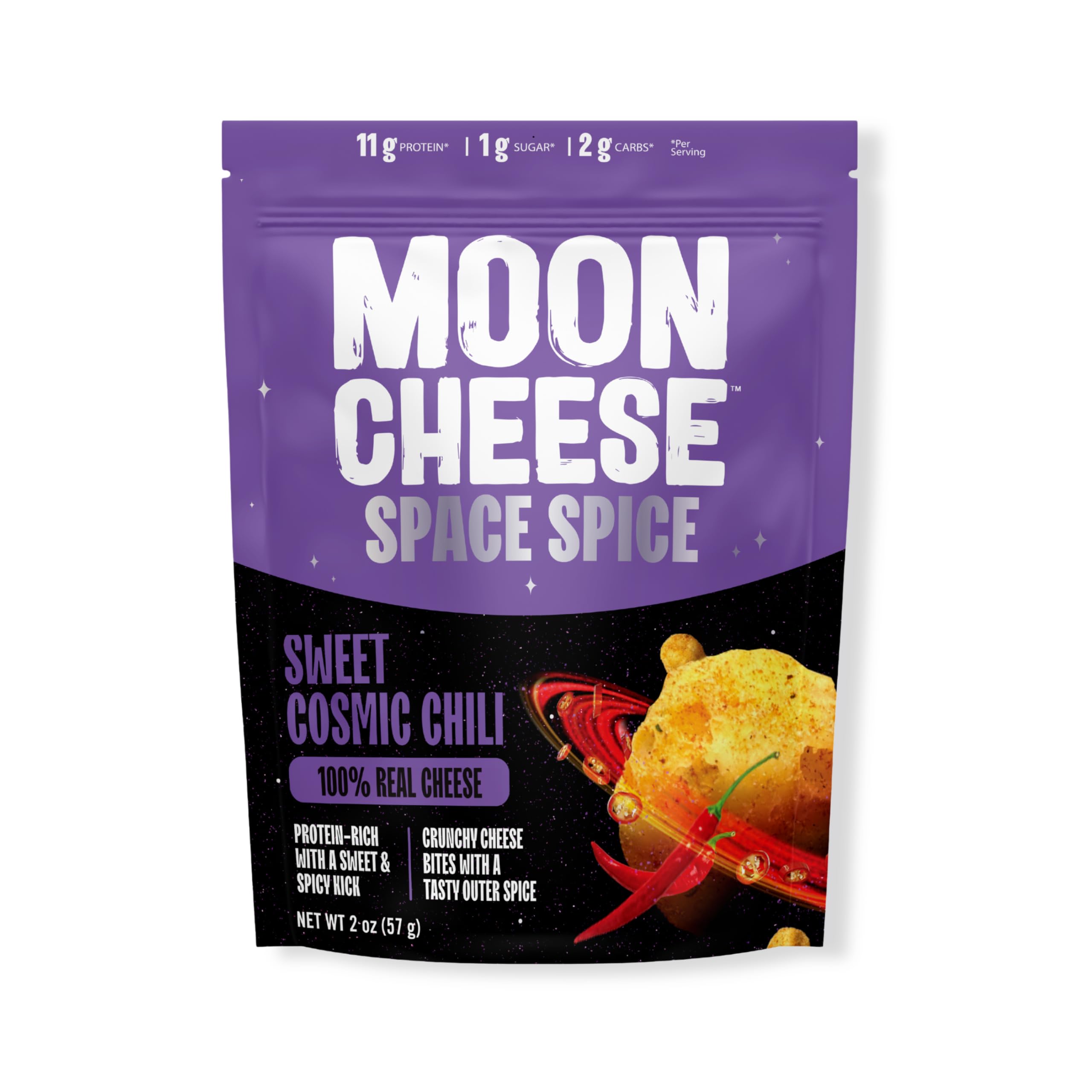 Moon Cheese Space Spice sachet avec 11 g de protéines par portion.