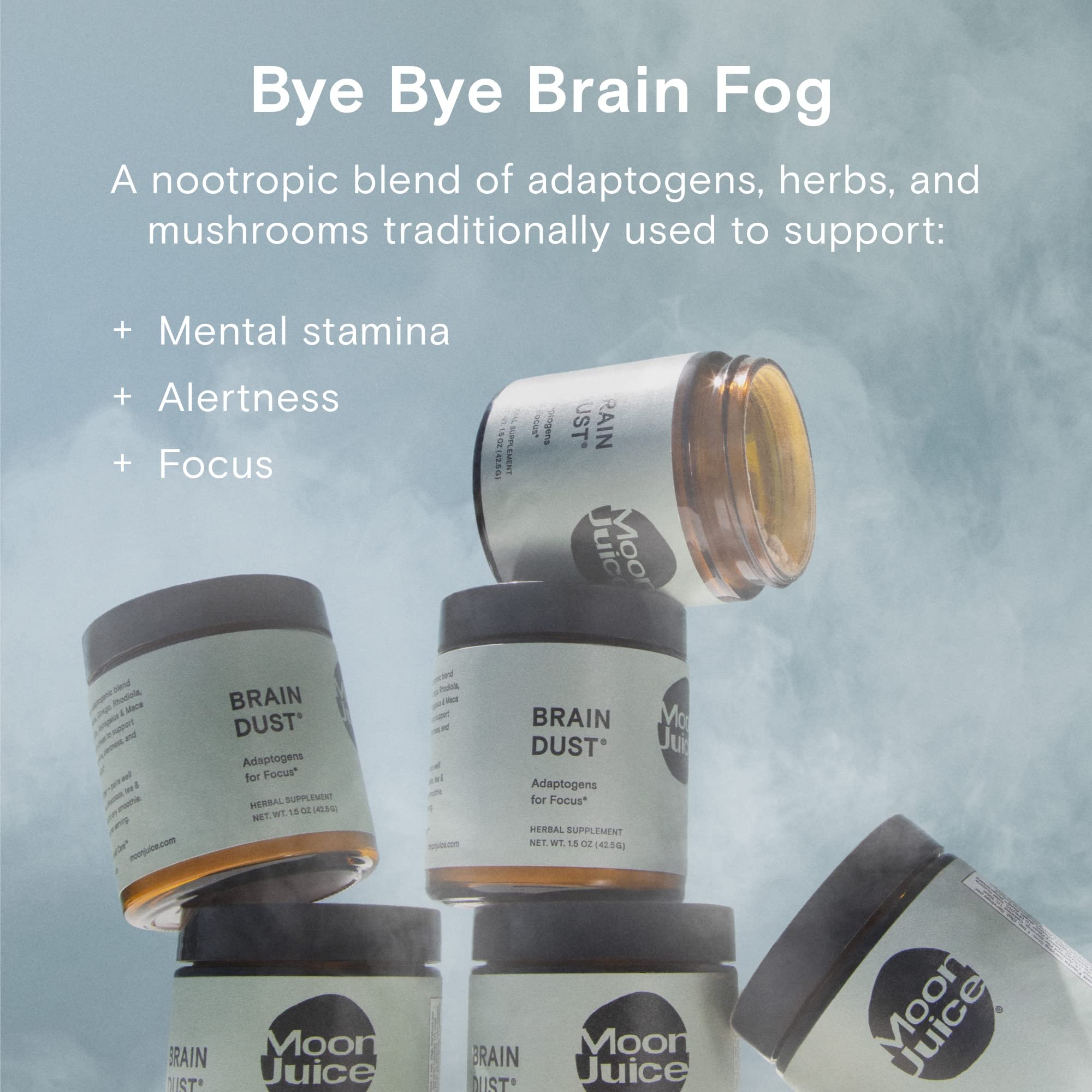 Moon Juice Brain Dust – Gros plan sur le mélange adaptogène dans le flacon.
