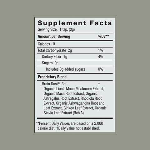 Moon Juice Brain Dust – Poudre maltée prête à être ajoutée au lait ou thé pour la concentration.