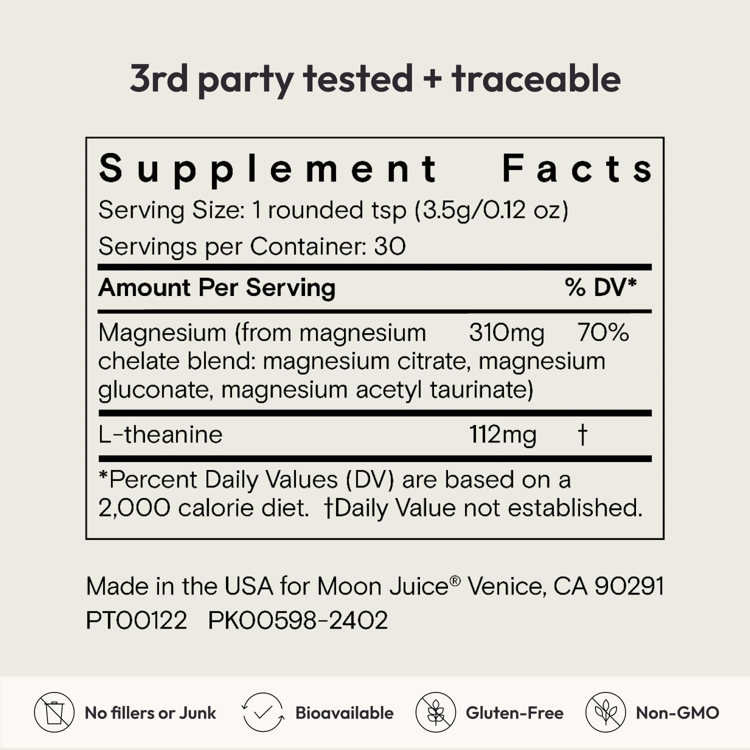 Moon Juice Magnesi-Om étiquette ingrédients : traçabilité et choix du magnésium.