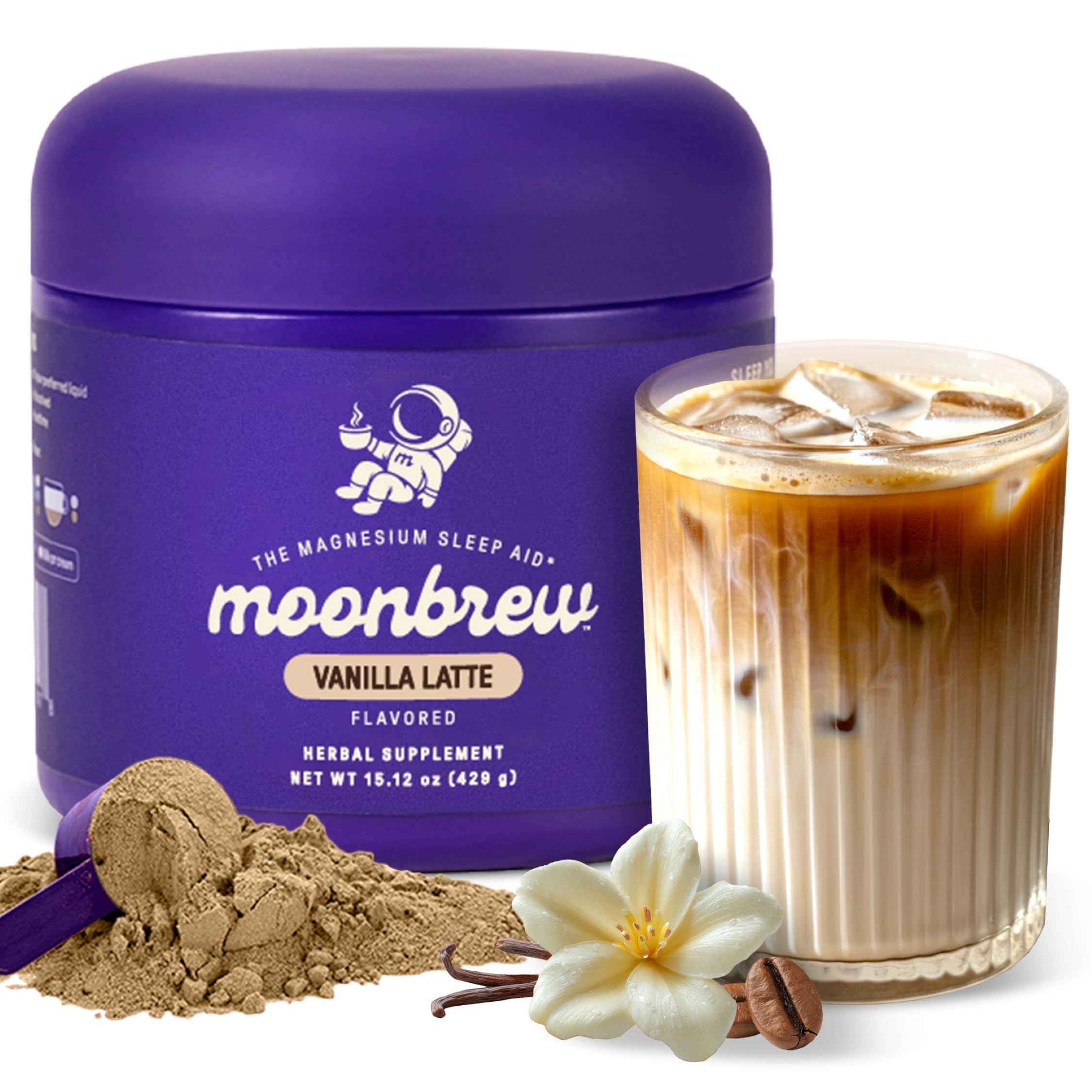 MoonBrew Vanilla Latte, bocal et label, prêt pour votre rituel apaisant du soir.