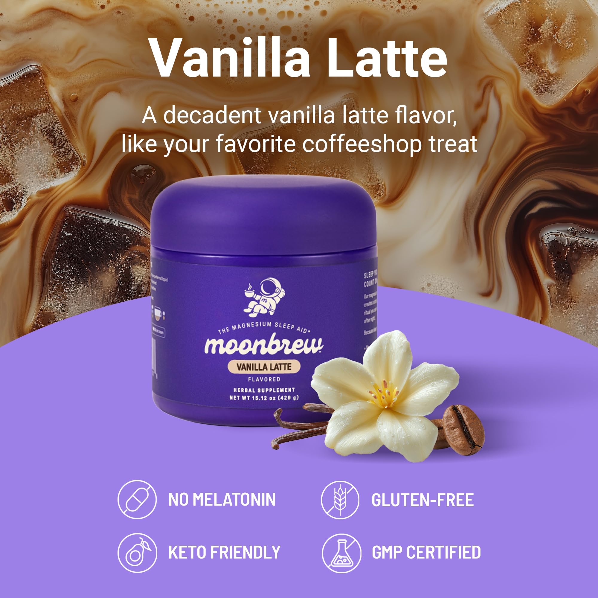 MoonBrew Vanilla Latte, poudre mélangée, texture onctueuse parfum vanillé apaisant.