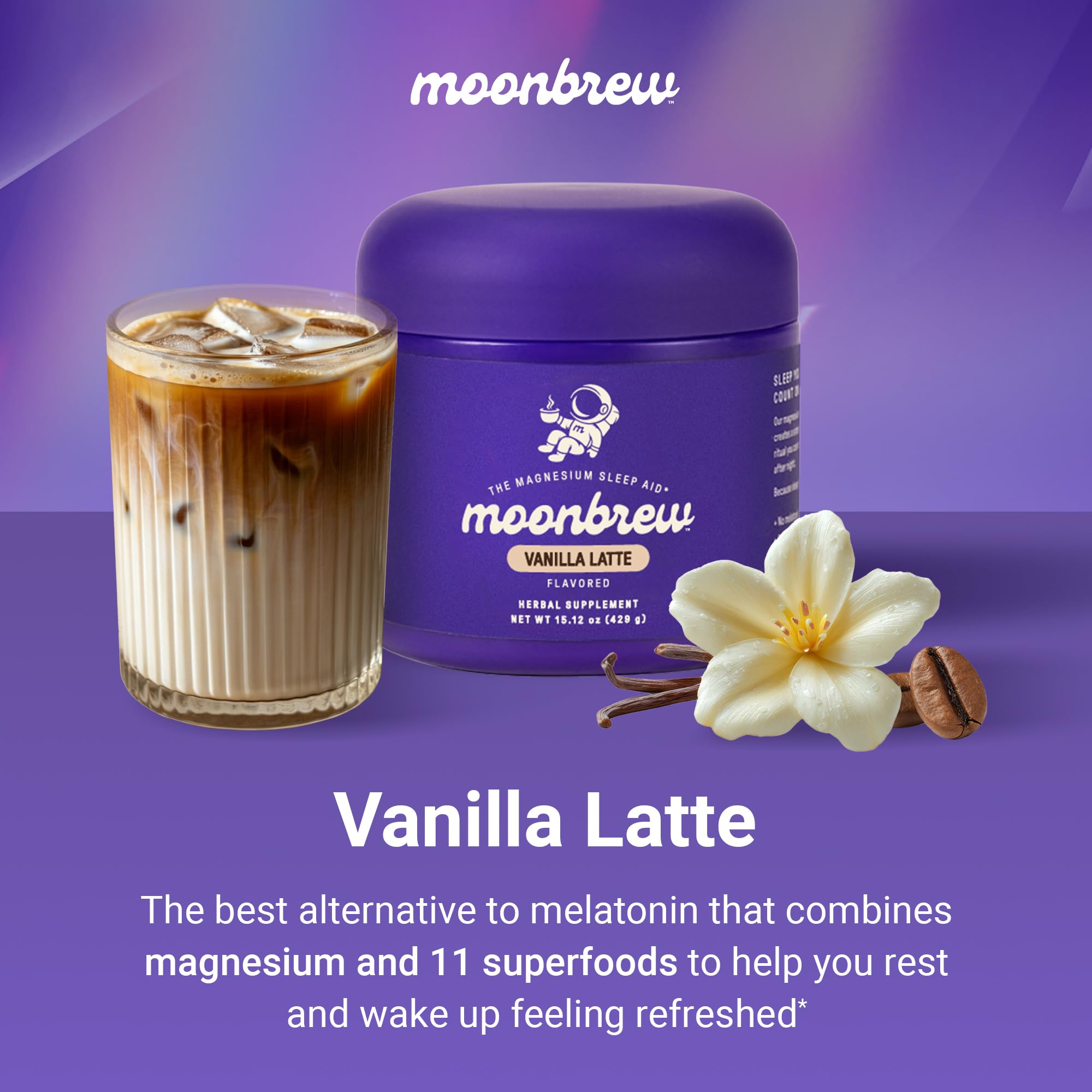 MoonBrew Vanilla Latte, gobelet lait chaud, dégustation douce et sans caféine.