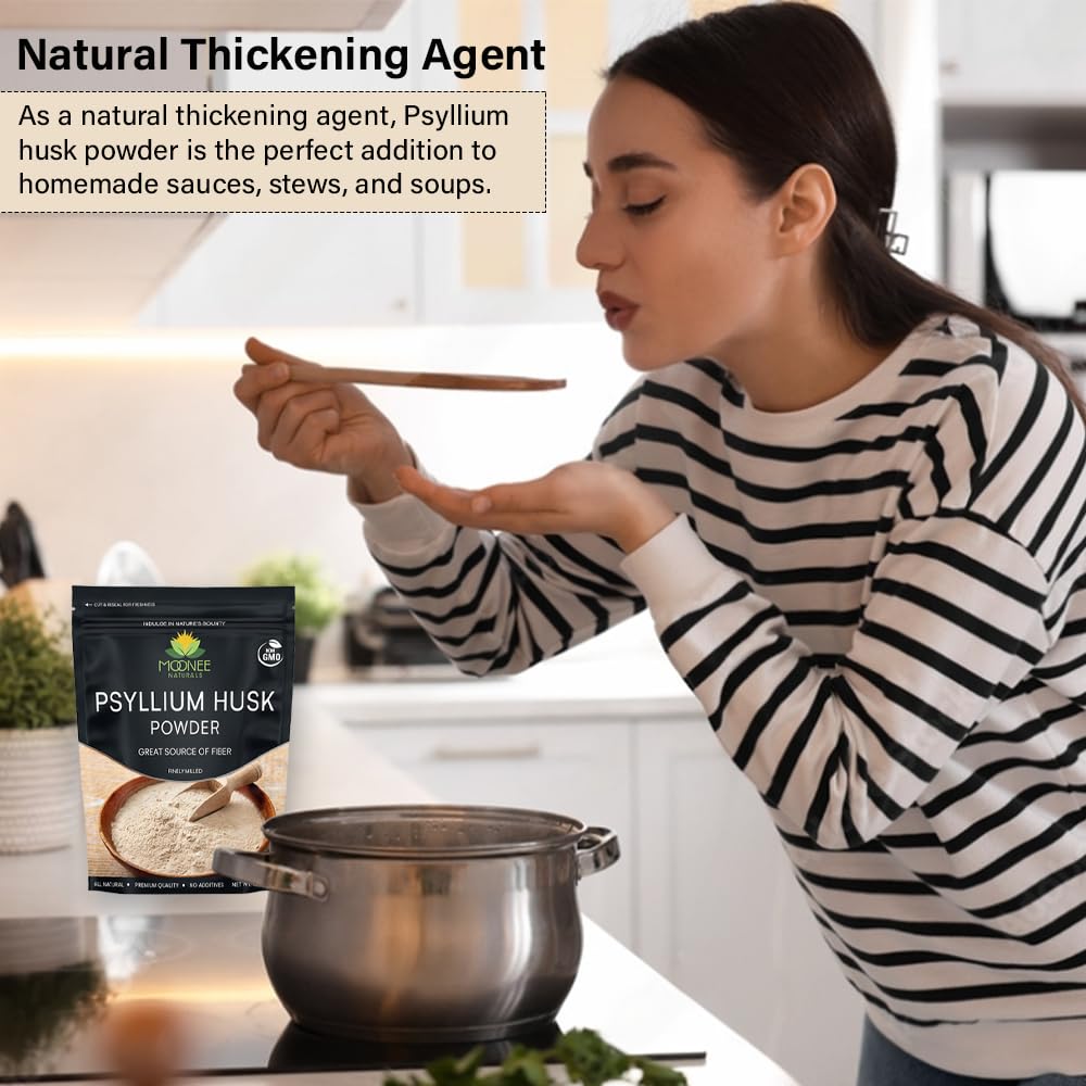 Moonee Naturals Psyllium Husk Poudre épaississant dans soupe.