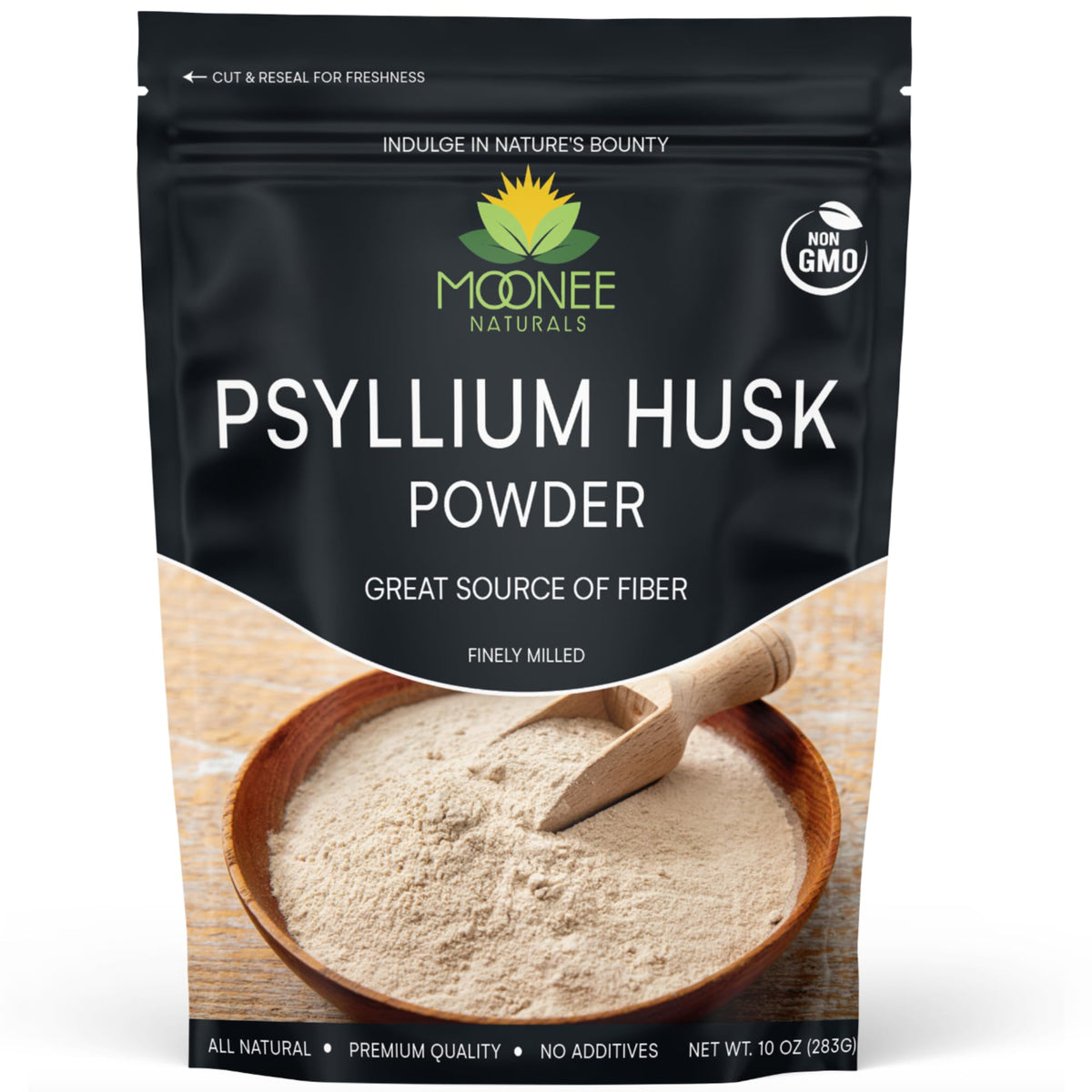 Emballage Moonee Naturals Psyllium Husk Poudre, fibre pratique.
