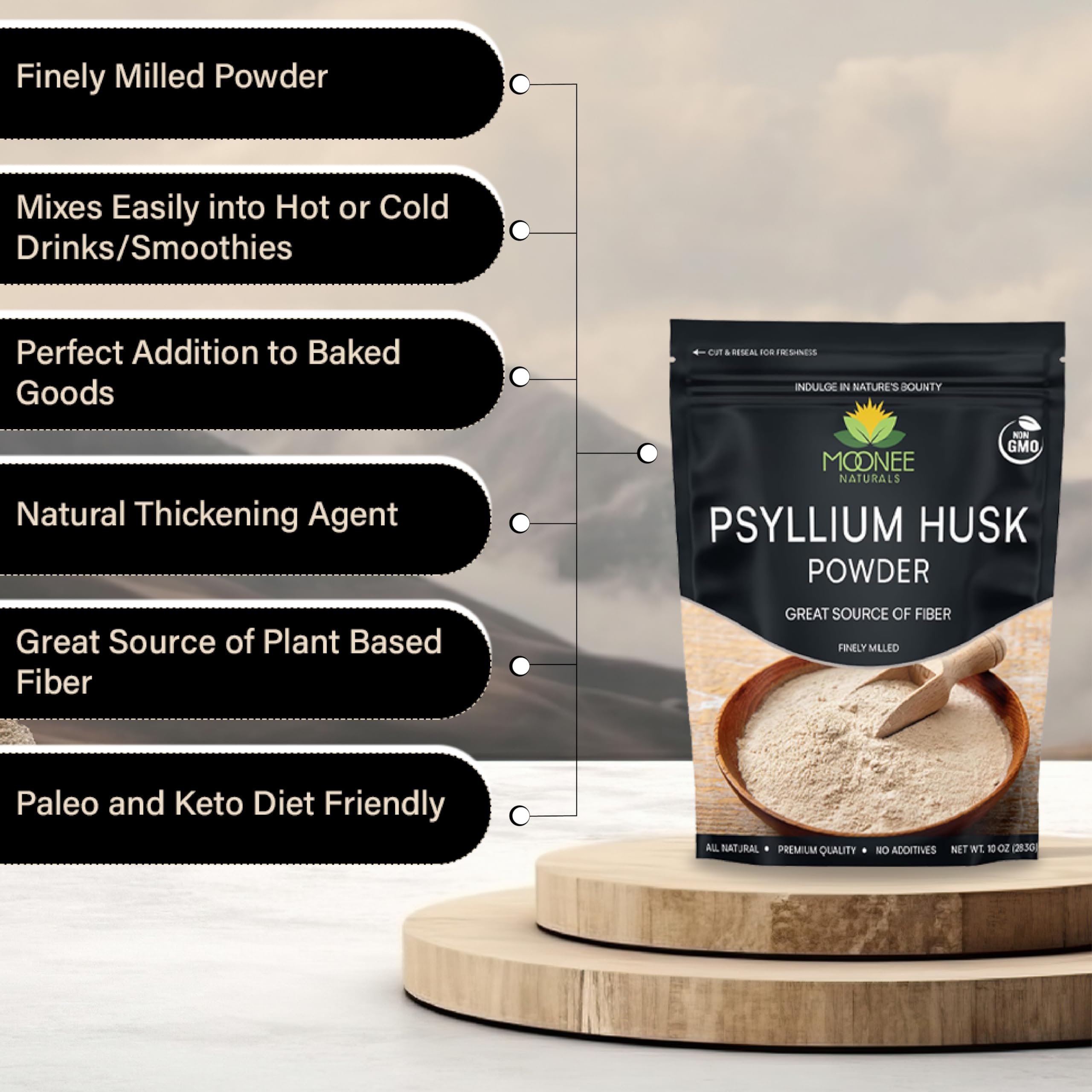 Etiquette Moonee Naturals Psyllium Husk Poudre sans gluten.
