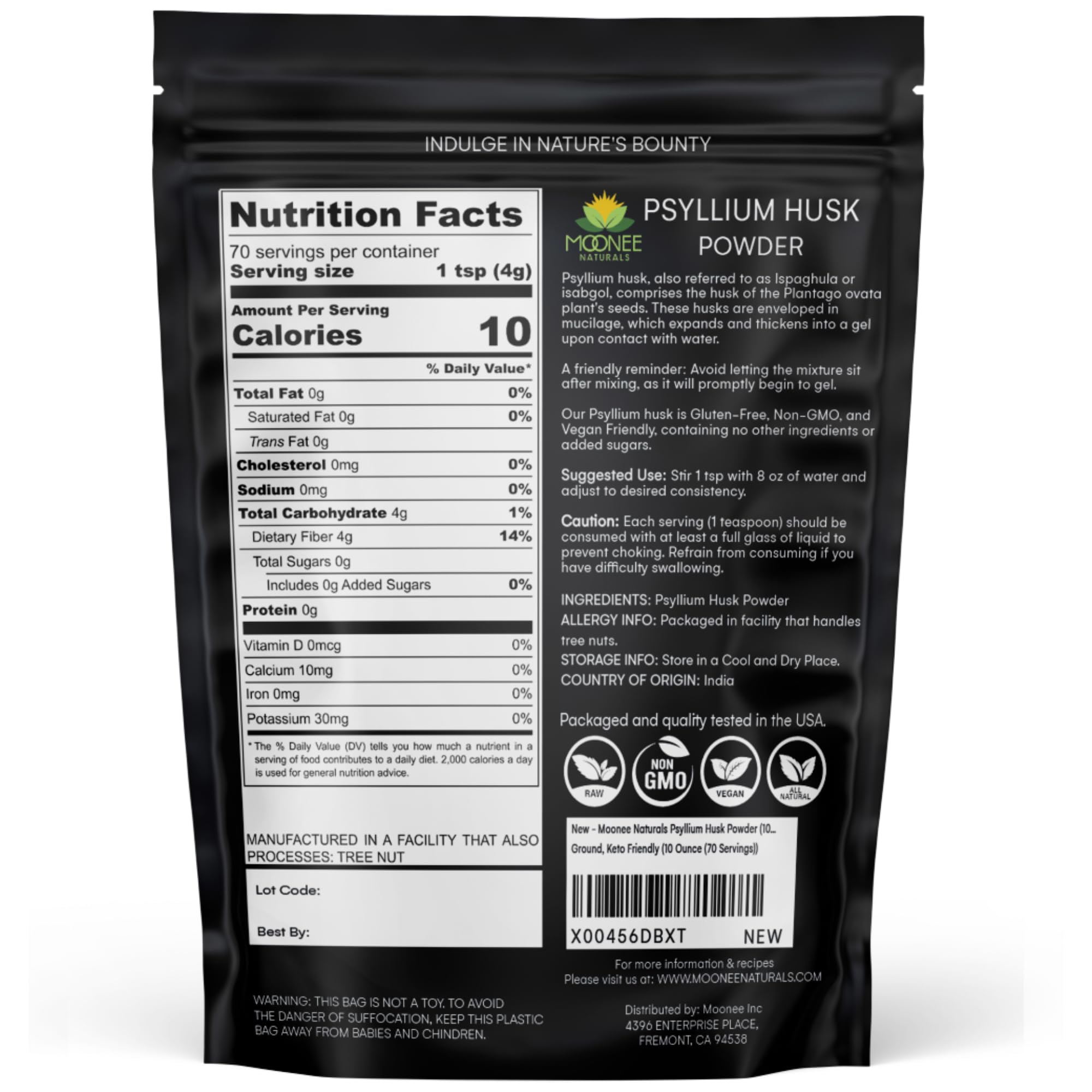 Poudre Moonee Naturals Psyllium Husk Poudre pour renfort quotidien