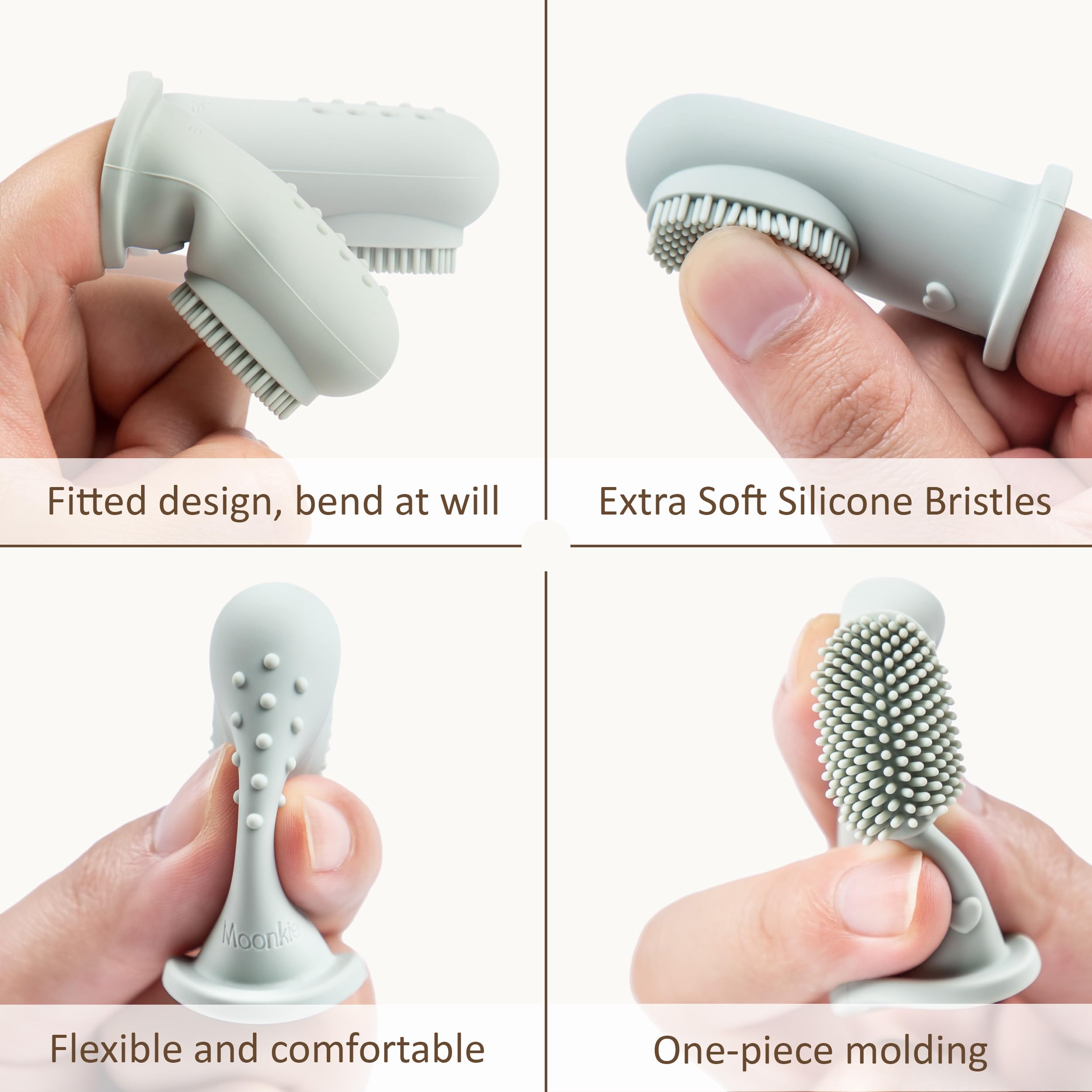 Moonkie brins silicone doux en gros plan, nettoyage en douceur.